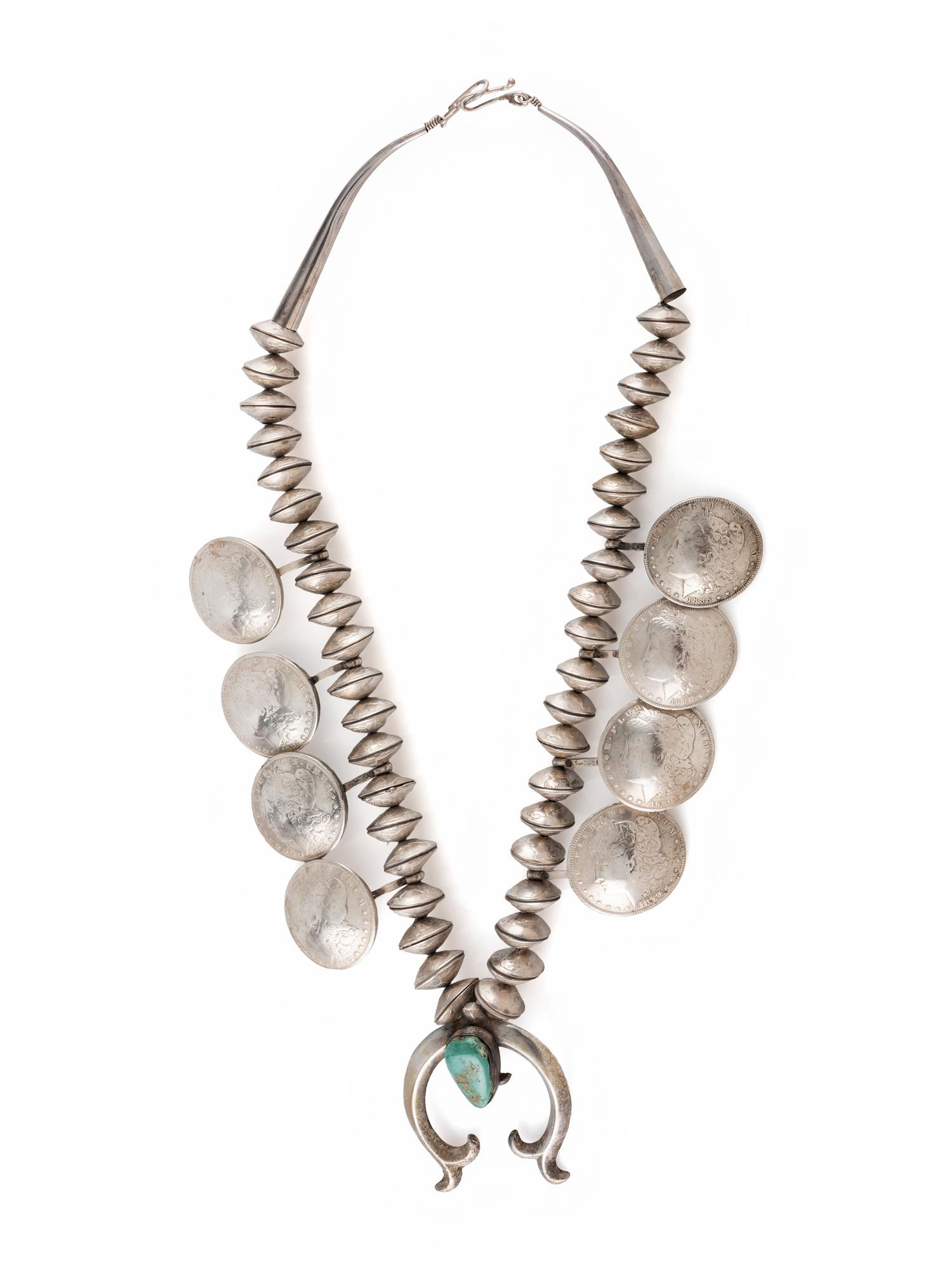 Navajo Turquoise, Liberty Dime, and Silver Dollar Squash Blossom Necklace