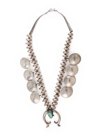 Navajo Turquoise, Liberty Dime, and Silver Dollar Squash Blossom Necklace