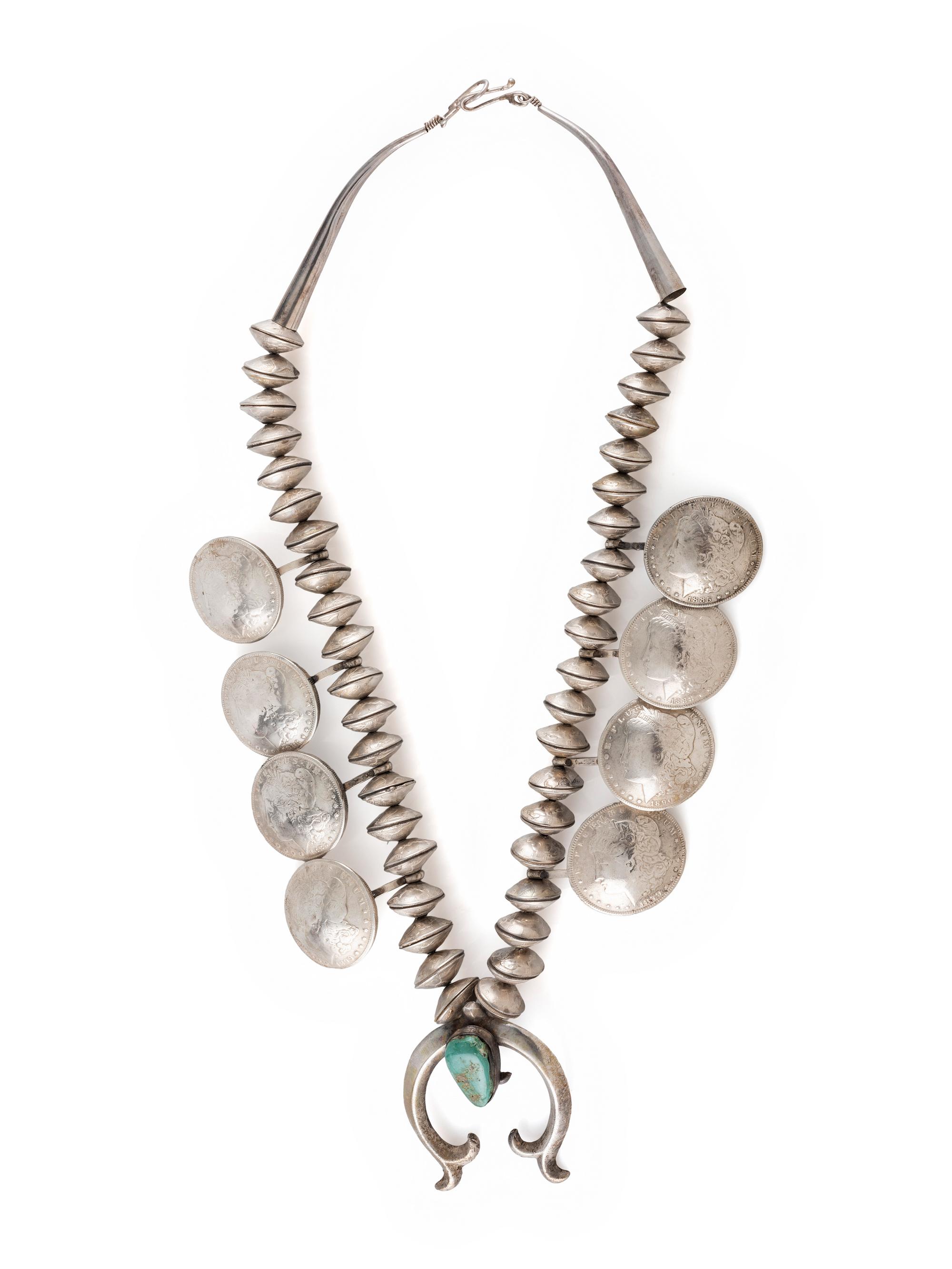 Navajo Turquoise, Liberty Dime, and Silver Dollar Squash Blossom Necklace