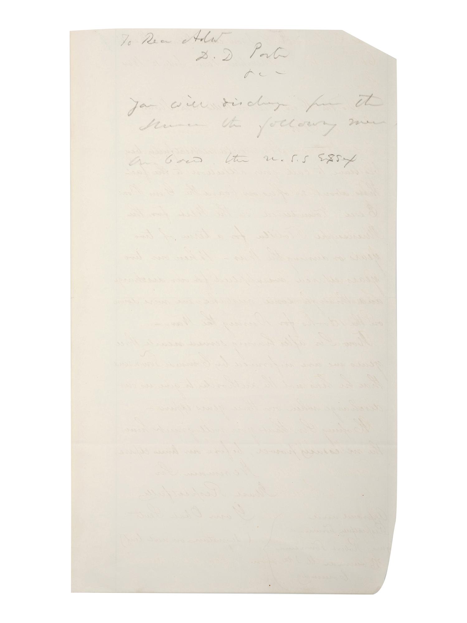 [CIVIL WAR - NAVY]. PORTER, David Dixon (1813-1891). Autograph endorsement signed ("David D. Porter / Rear Aml") on verso of document written on behalf of and listing 25 crew members of the US Ironclad Steamer " Essex ."