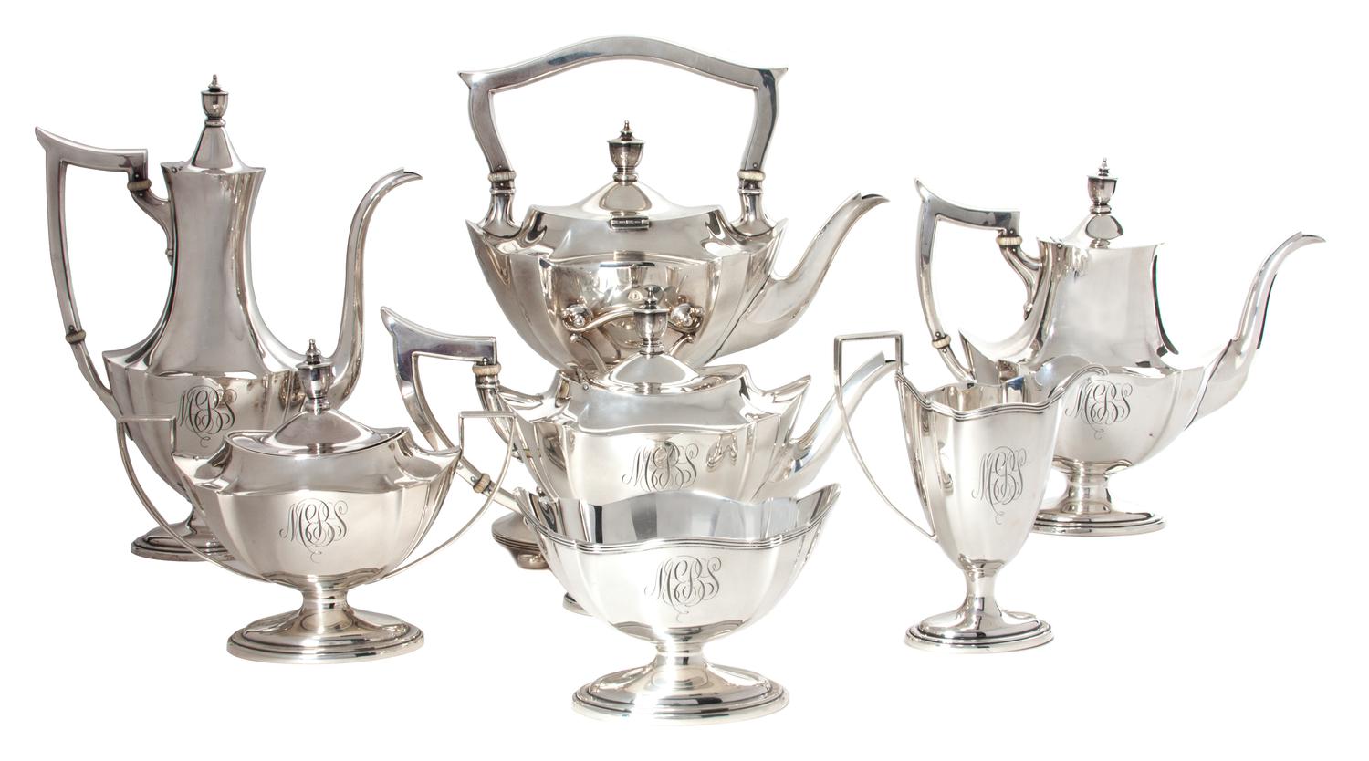 An American Silver Tea Service, Gorham, Providence, RI, comprising a kettle on stand, teapot, two coffee pots, creamer, covered sugar,