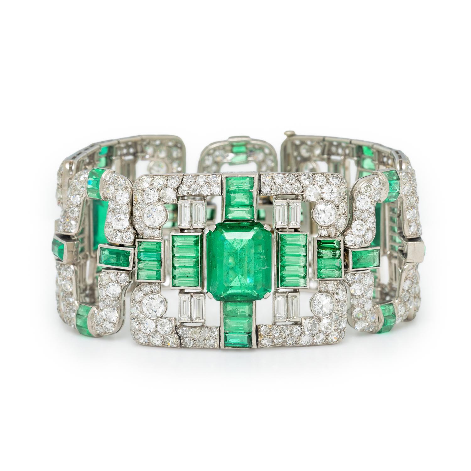 ART DECO, PLATINUM, DIAMOND, AND SIMULANT EMERALD BRACELET