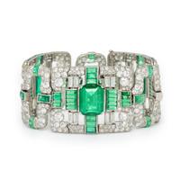 ART DECO, PLATINUM, DIAMOND, AND SIMULANT EMERALD BRACELET