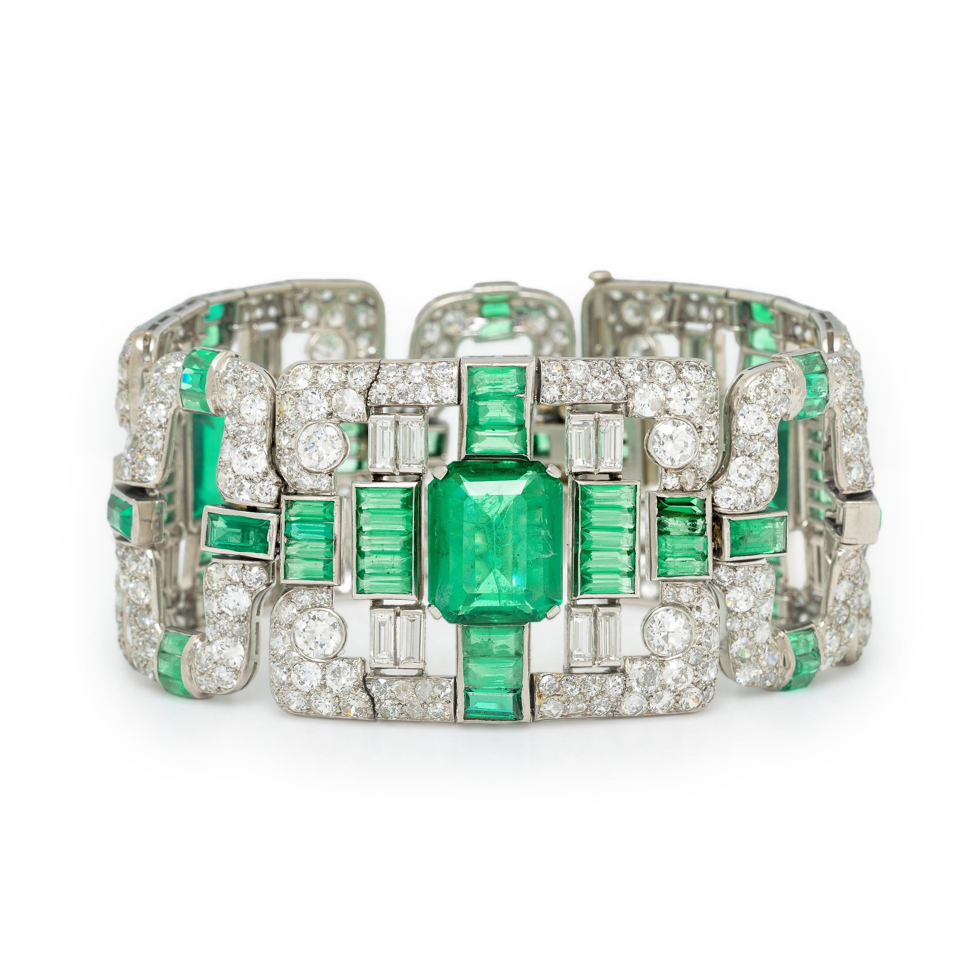 ART DECO, PLATINUM, DIAMOND, AND SIMULANT EMERALD BRACELET