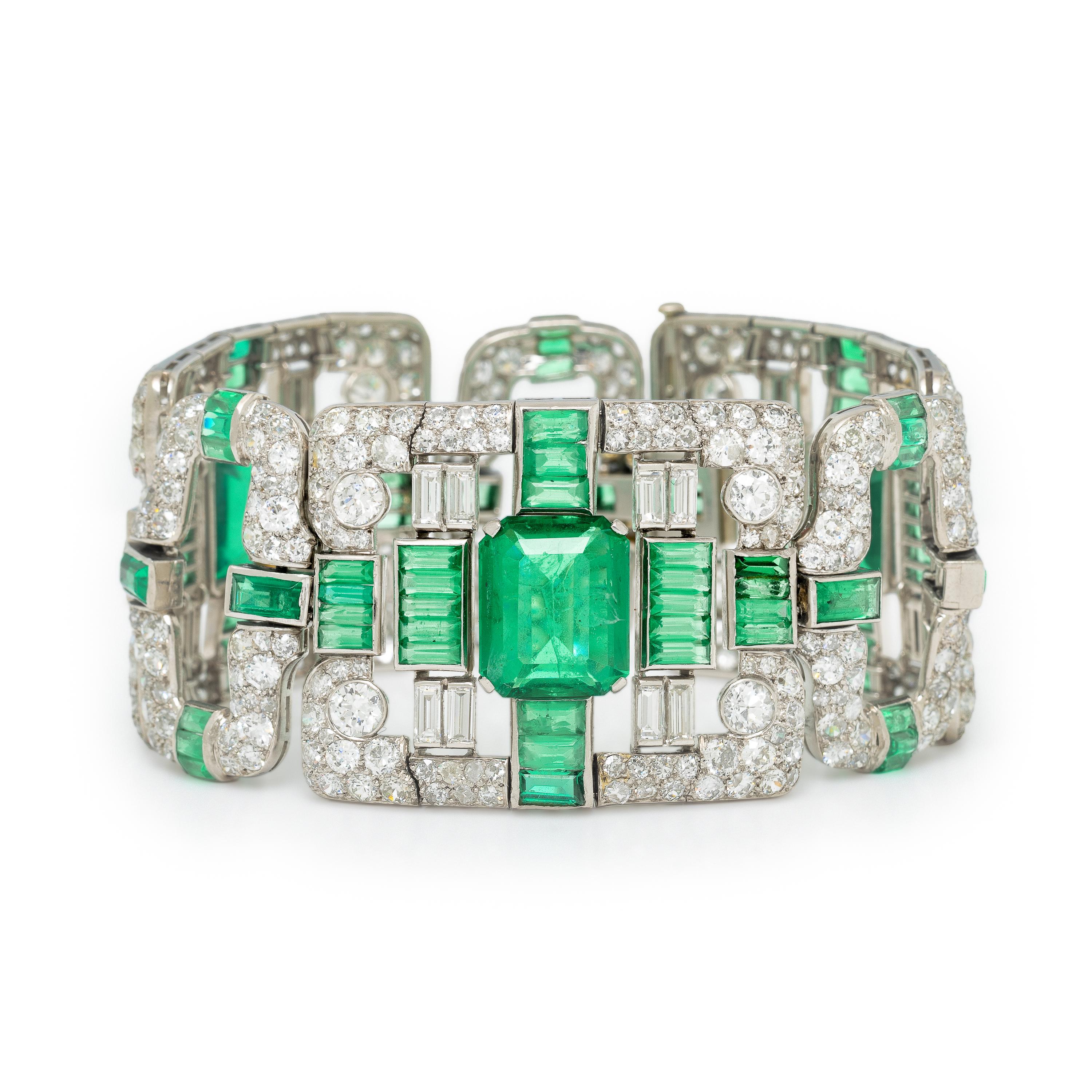 ART DECO, PLATINUM, DIAMOND, AND SIMULANT EMERALD BRACELET