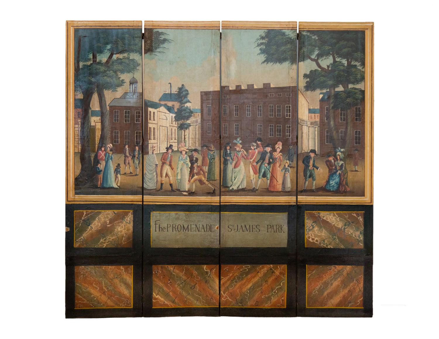A George III Four-Panel Painted Canvas Screen — 19th Century