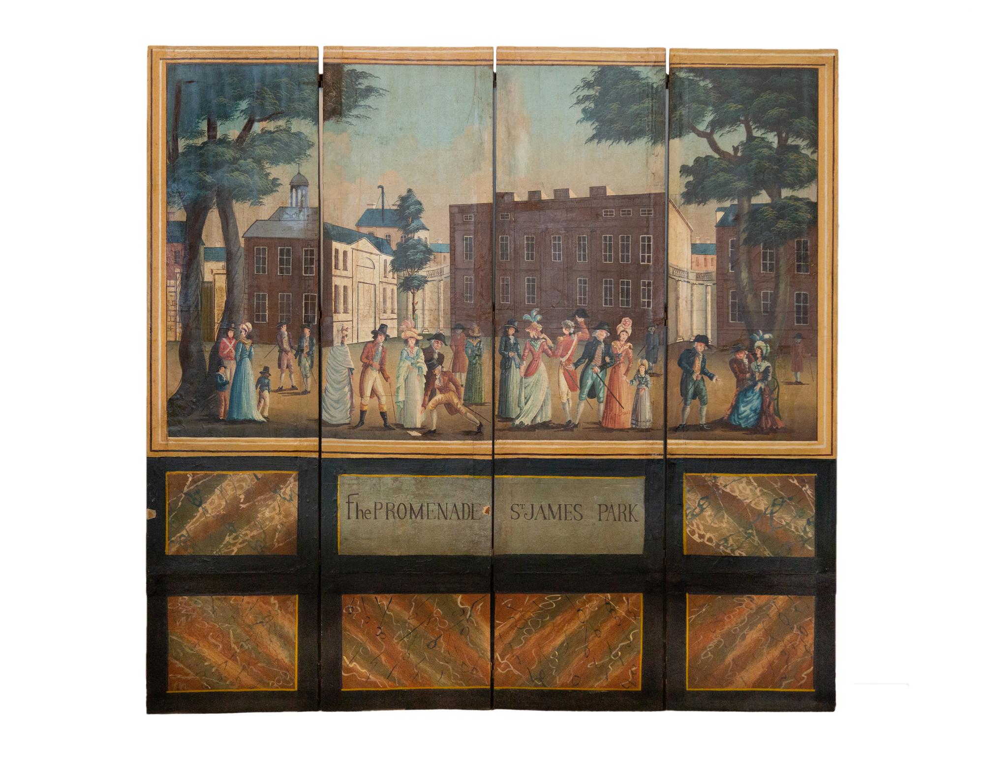 A George III Four-Panel Painted Canvas Screen — 19th Century