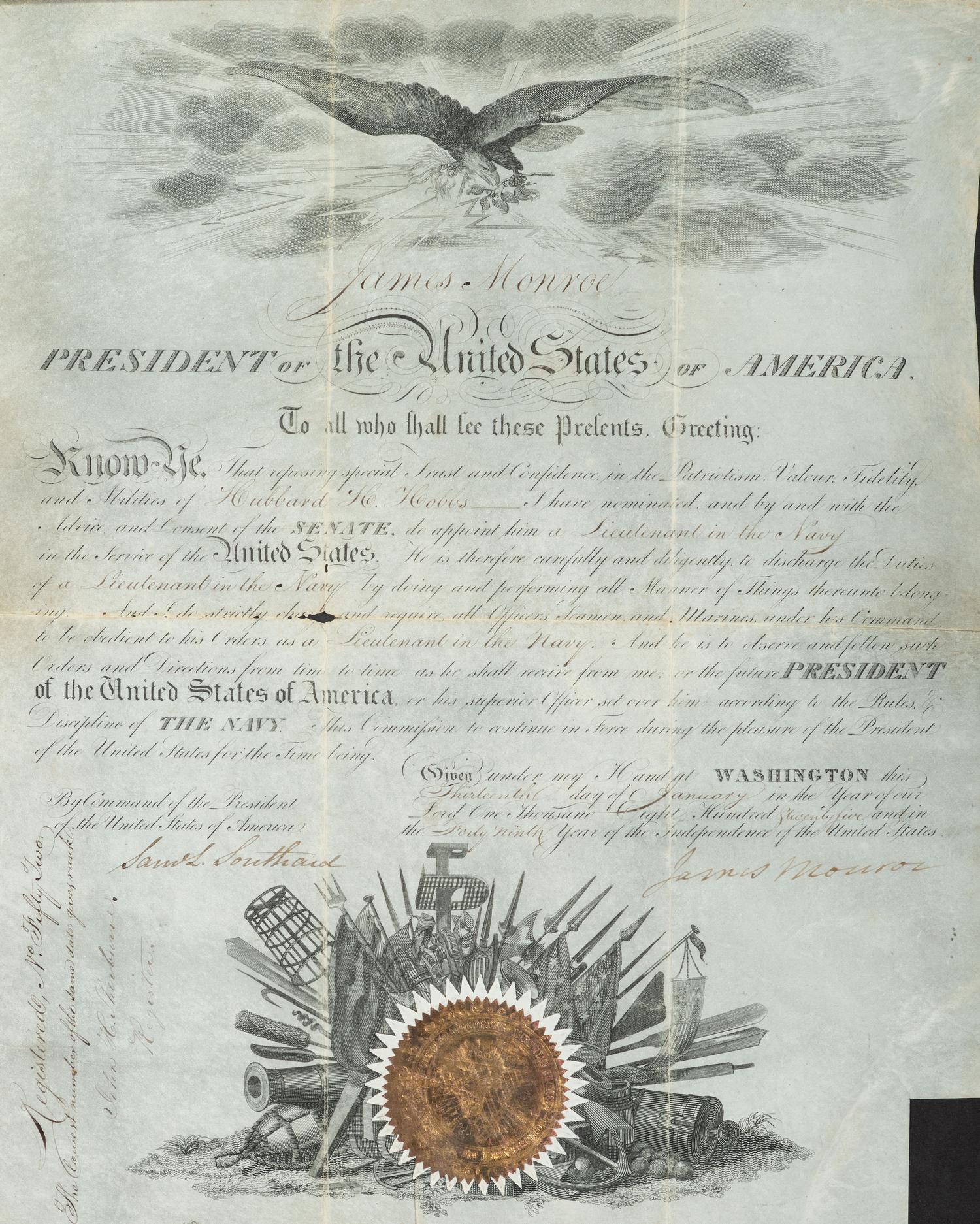 MONROE, James (1758-1831). Document signed ("James Monroe"),as President of the United States. Washington, D.C., 13 January 1825.
