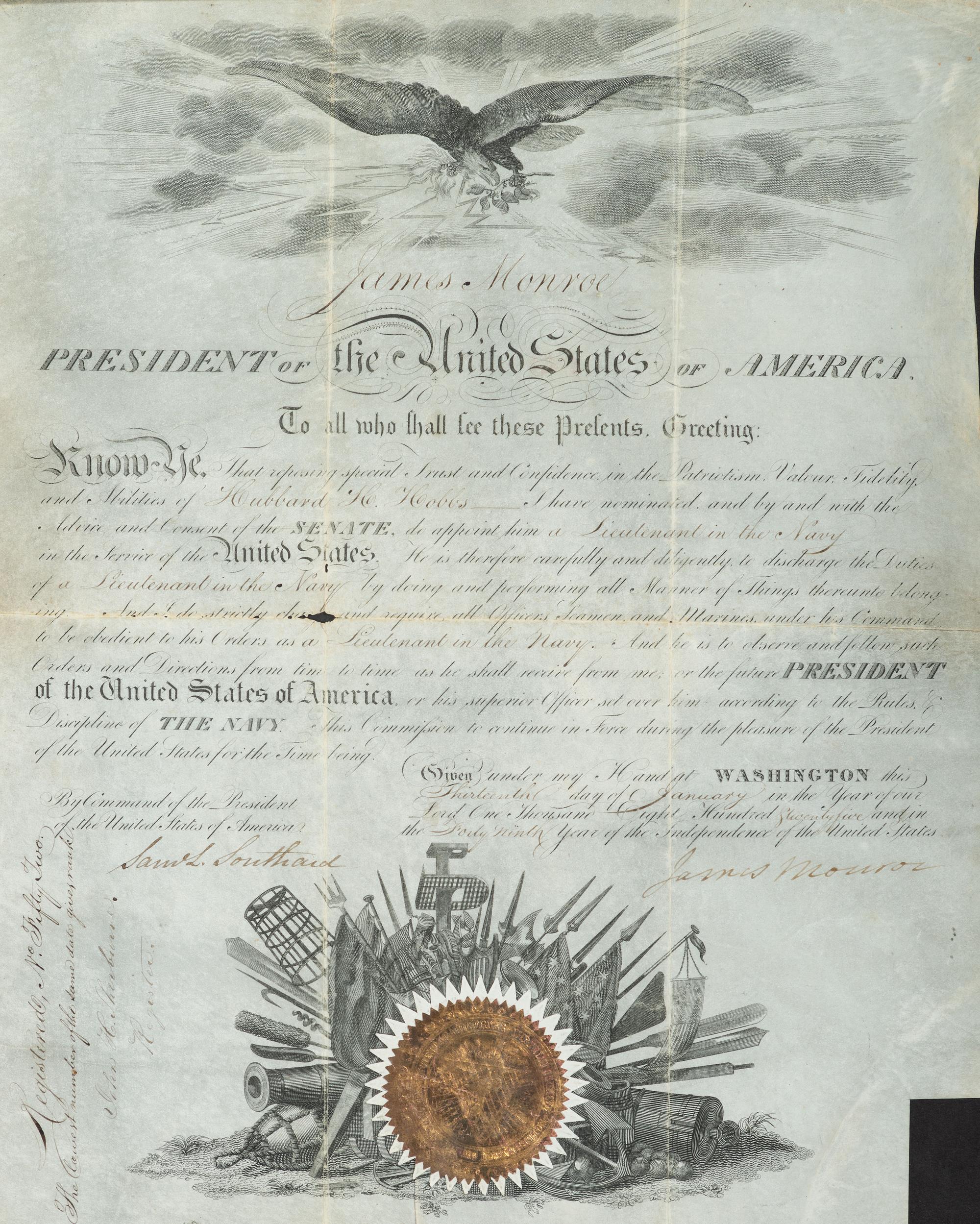 MONROE, James (1758-1831). Document signed ("James Monroe"),as President of the United States. Washington, D.C., 13 January 1825.