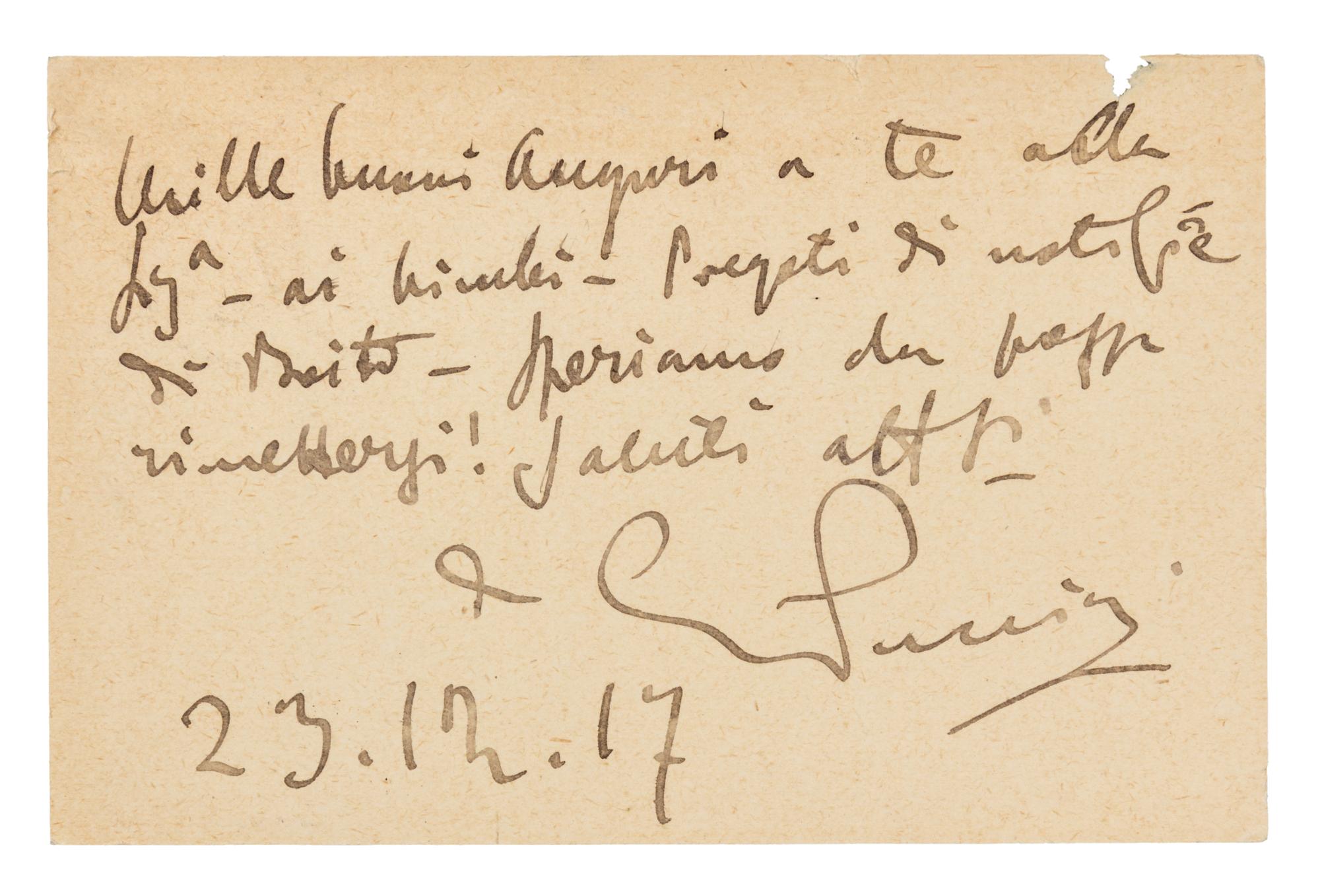 PUCCINI, Giacomo (1858-1924). Autograph note signed ("G. Puccini"), in Italian, to Carlo Clausetti. N.p., 23 December 1917.