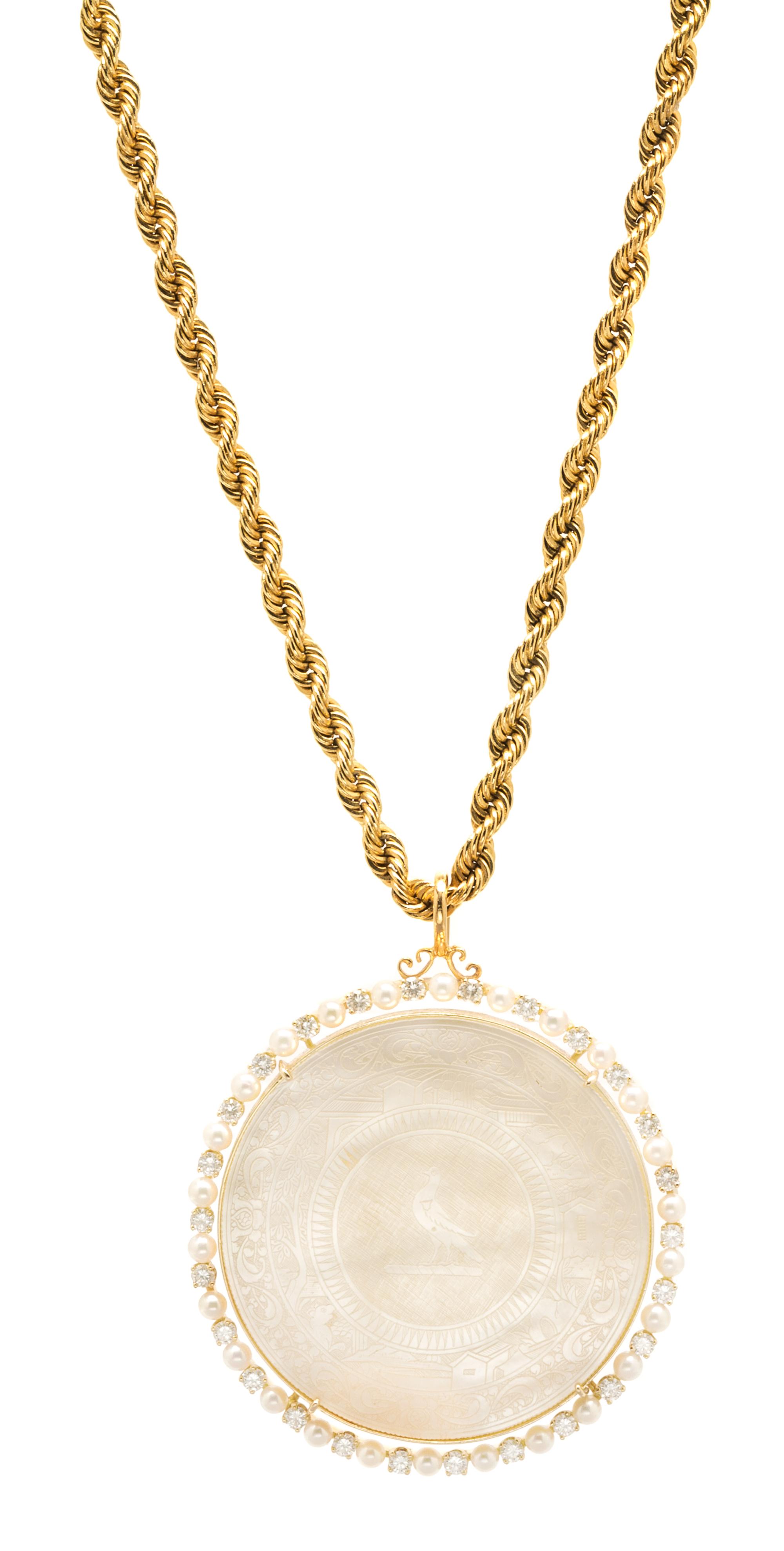 A Yellow Gold, Mother-of-Pearl, Cultured Pearl and Diamond Pendant, 36.00 dwts.