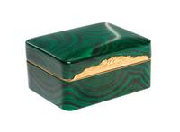 A French Gilt Metal Mounted Malachite Powder Box, 19th/20th Century, of rectangular form with a hinged lid opening to a mirrored interi