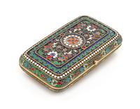 A Russian Enameled Silver Cigarette Case, Mark of Pavel Ovchinnikov with Imperial Warrant, Moscow, 1876, the lid centered with a polych