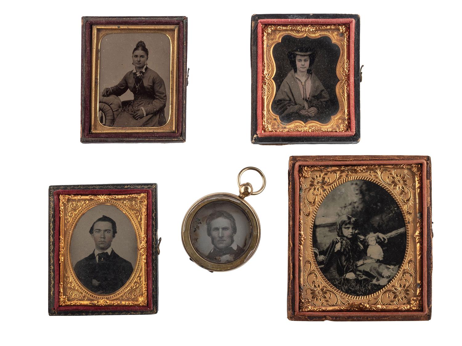 [EARLY PHOTOGRAPHY]. A group of 8 daguerreotype, ambrotype, and tintype portraits highlighted by portrait of two women with a dog.