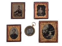 [EARLY PHOTOGRAPHY]. A group of 8 daguerreotype, ambrotype, and tintype portraits highlighted by portrait of two women with a dog.