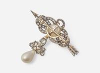 An 18K Yellow Gold, Natural Pearl, and Diamond Brooch Attributed to Boucheron