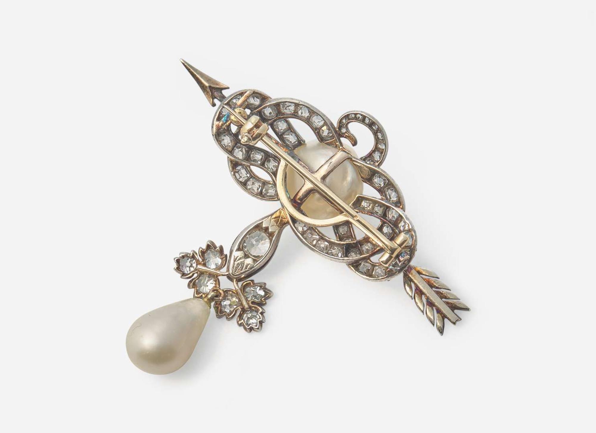An 18K Yellow Gold, Natural Pearl, and Diamond Brooch Attributed to Boucheron