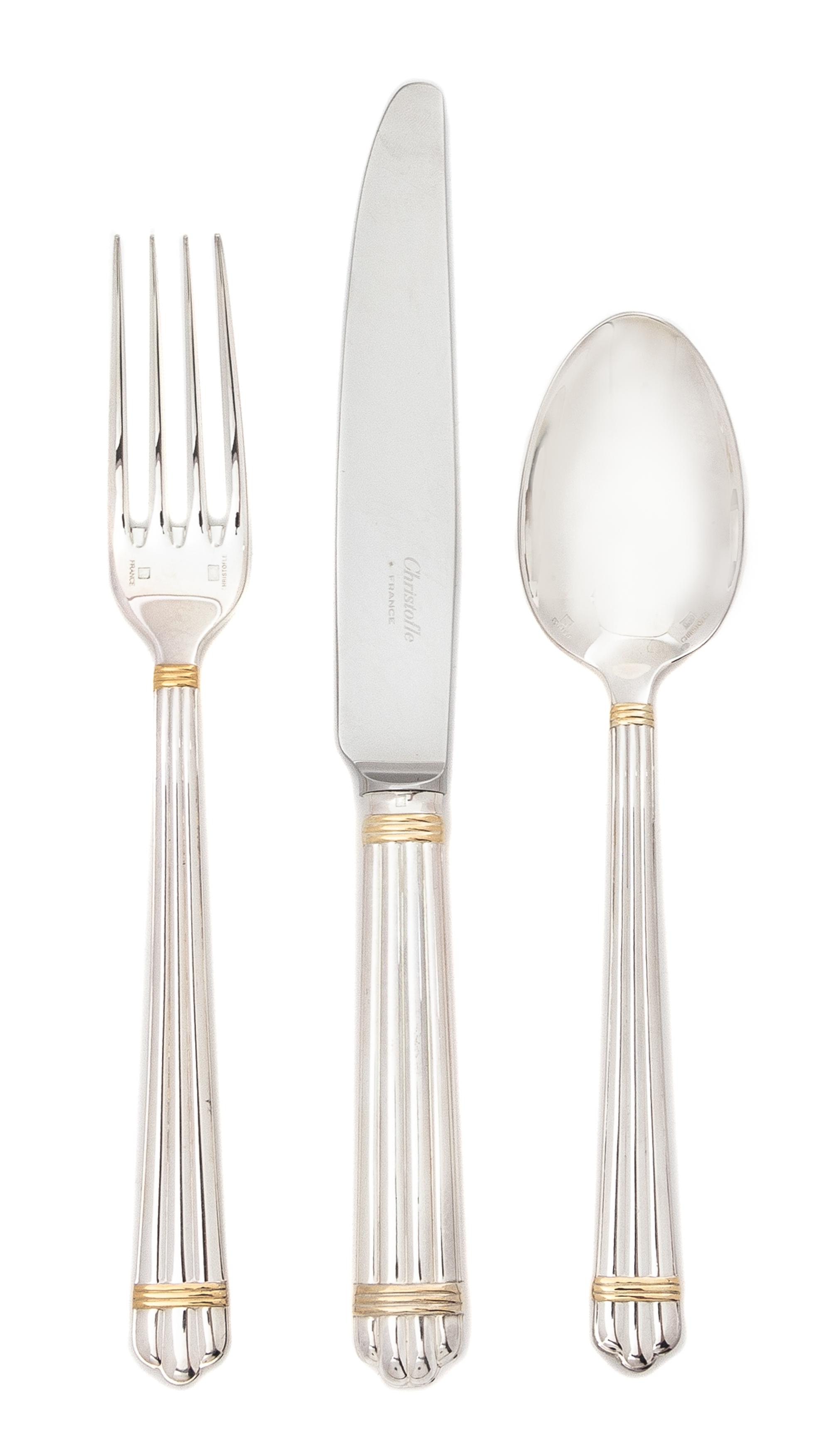 A French Silver-Plate Flatware Service, Christofle, Paris, 20th Century, Aria Gold pattern, comprising: 9 dinner knives 9 dinner forks