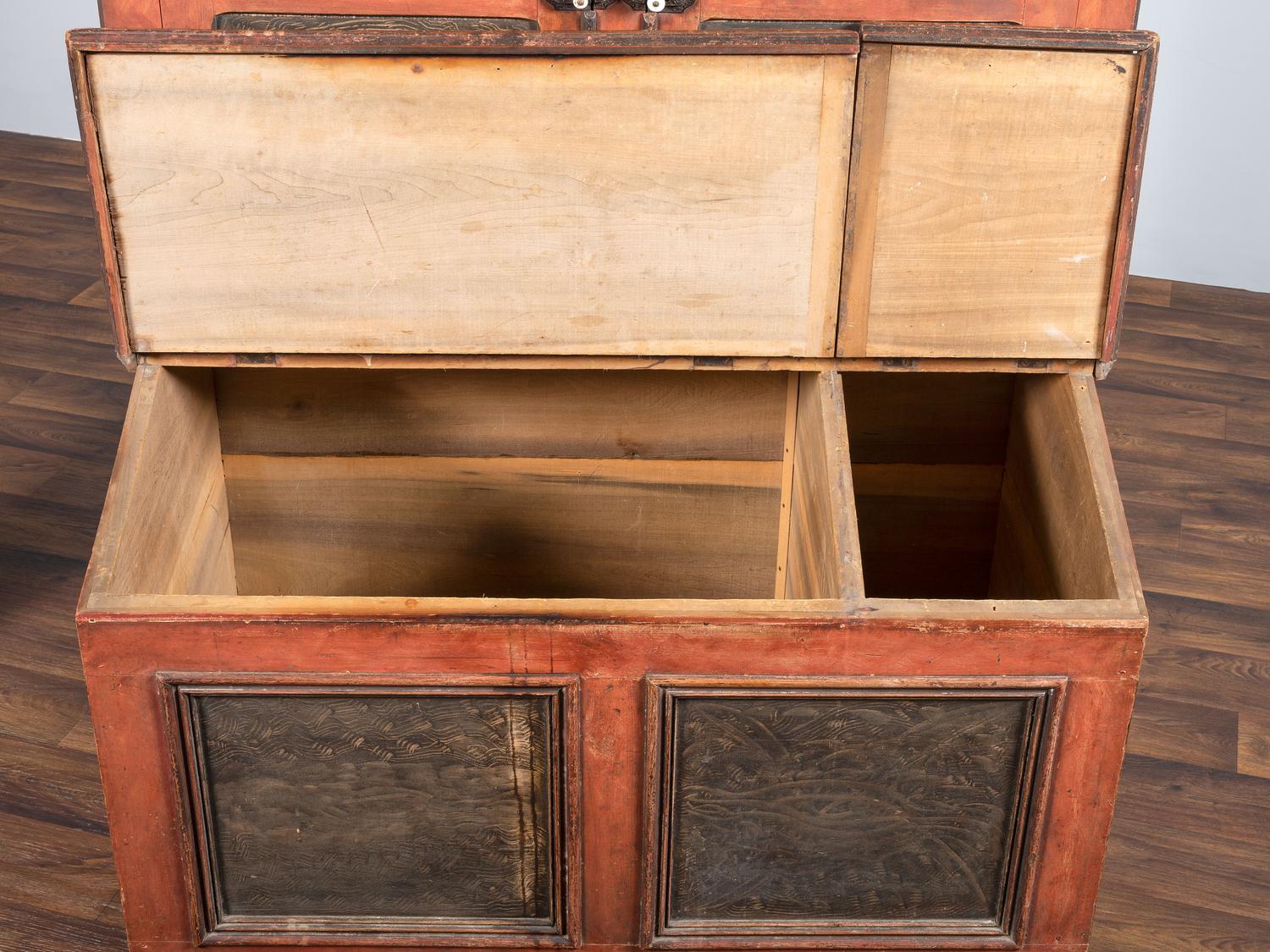 A Country Red and Grain Paint Decorated General Store Dry Goods Storage Cupboard