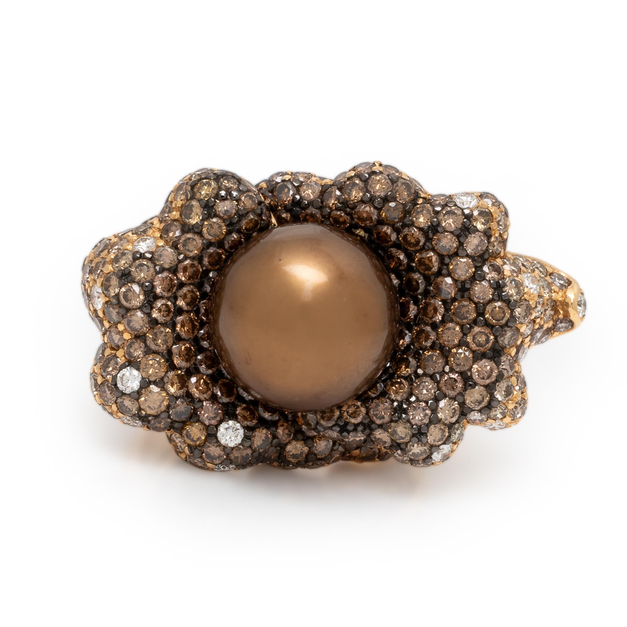Rodney Rayner, 'Wave,' Brown Cultured Pearl, Colored Diamond, and Yellow Gold Flower Ring