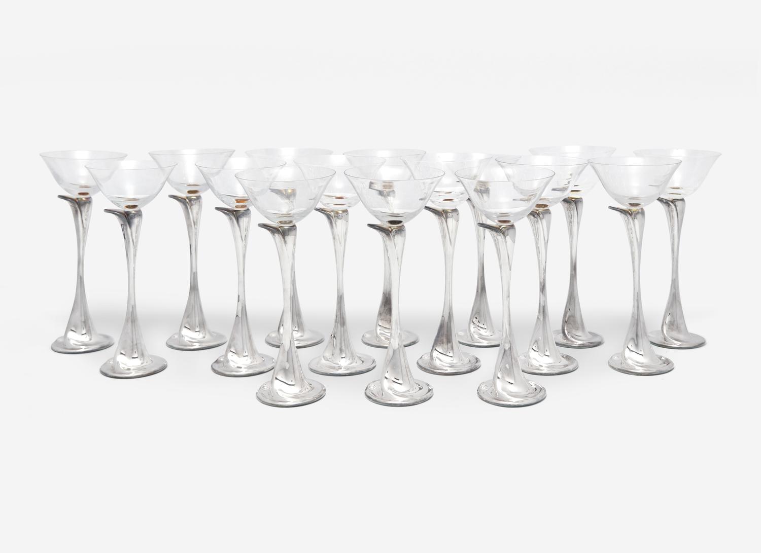A Set of Sixteen Tiffany and Co. Silver and Glass Champagne Coupes