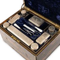 A Victorian Brass-Inlaid Calamander, Silver and Cut-Glass Fitted Dressing Box