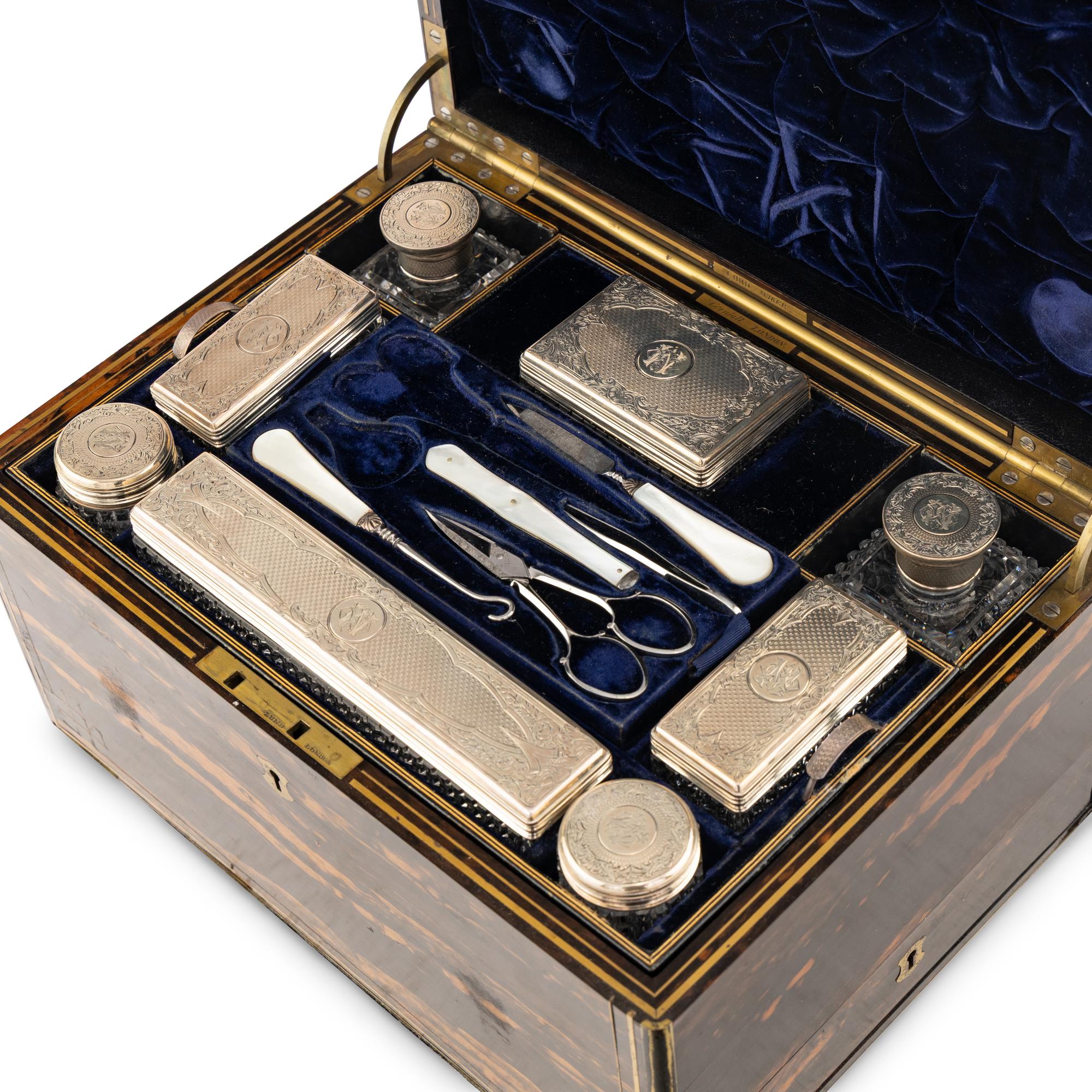 A Victorian Brass-Inlaid Calamander, Silver and Cut-Glass Fitted Dressing Box