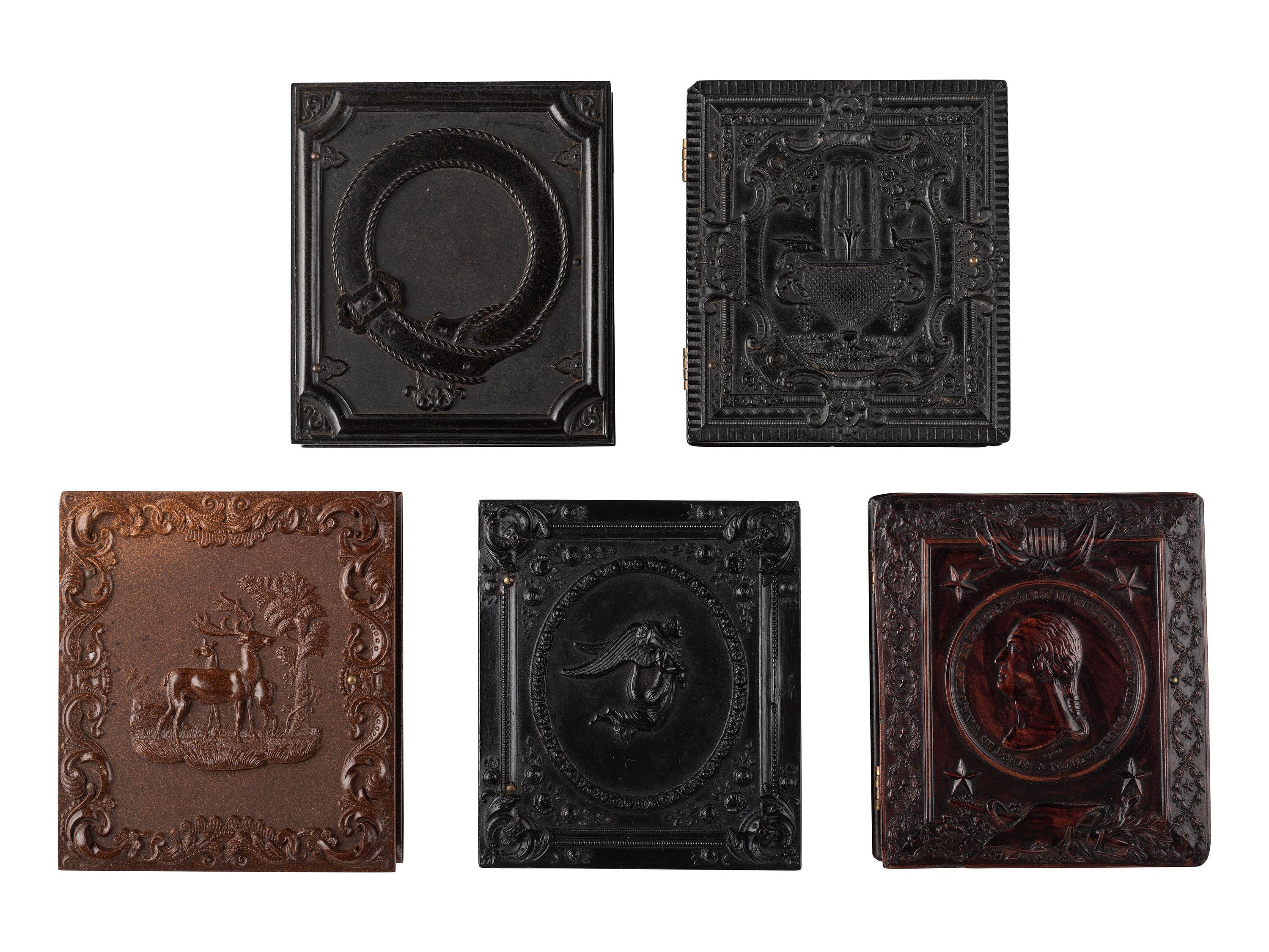 [EARLY PHOTOGRAPHY]. 10 figural and floral sixth plate Union cases containing portraits of men.