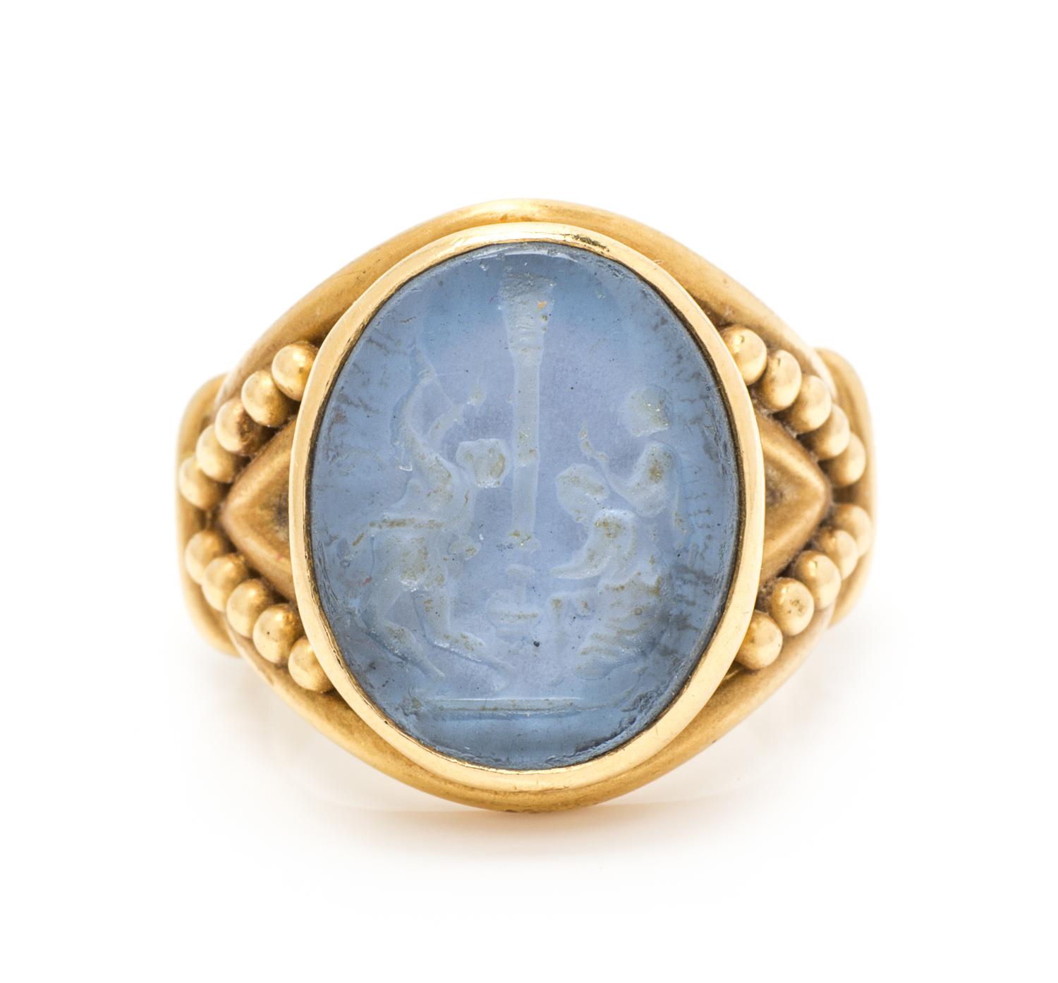 An 18 Karat Yellow Gold and Glass Intaglio Ring, Elizabeth Locke, 8.10 dwts.