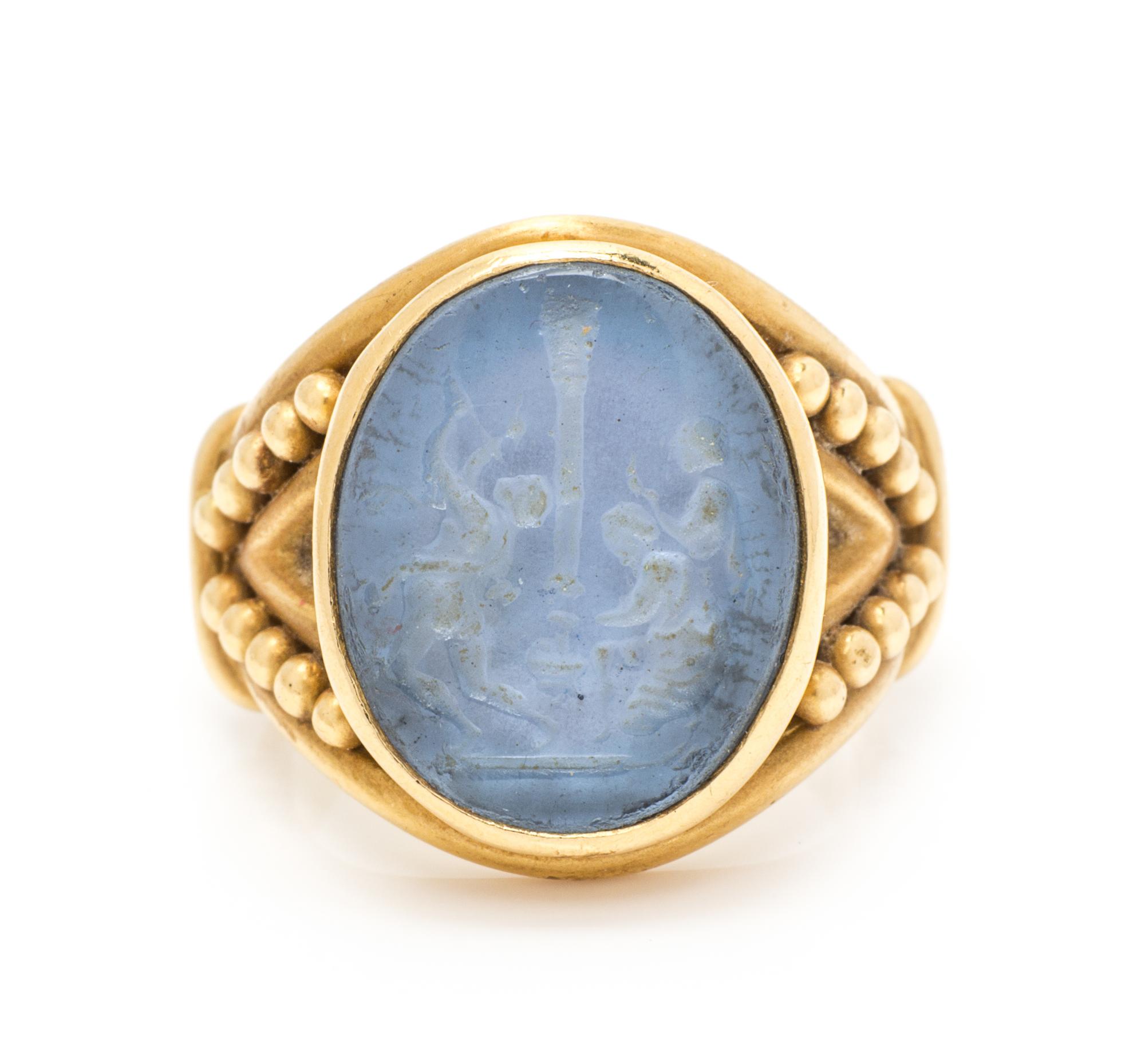 An 18 Karat Yellow Gold and Glass Intaglio Ring, Elizabeth Locke, 8.10 dwts.