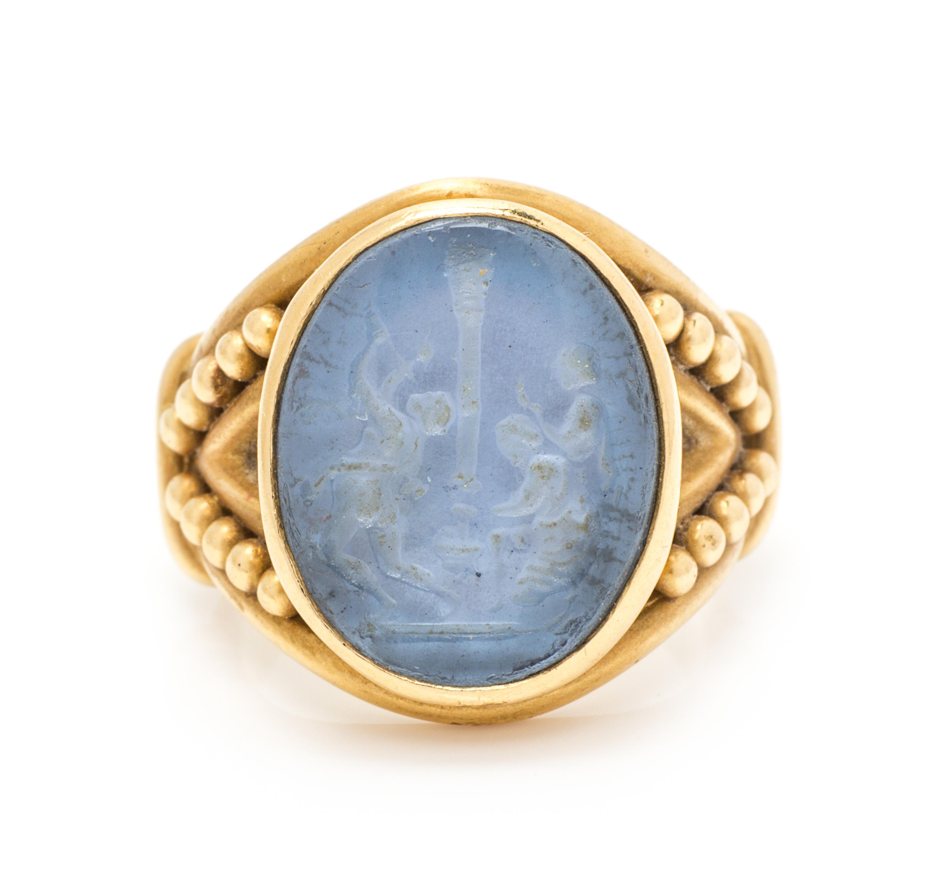 An 18 Karat Yellow Gold and Glass Intaglio Ring, Elizabeth Locke, 8.10 dwts.