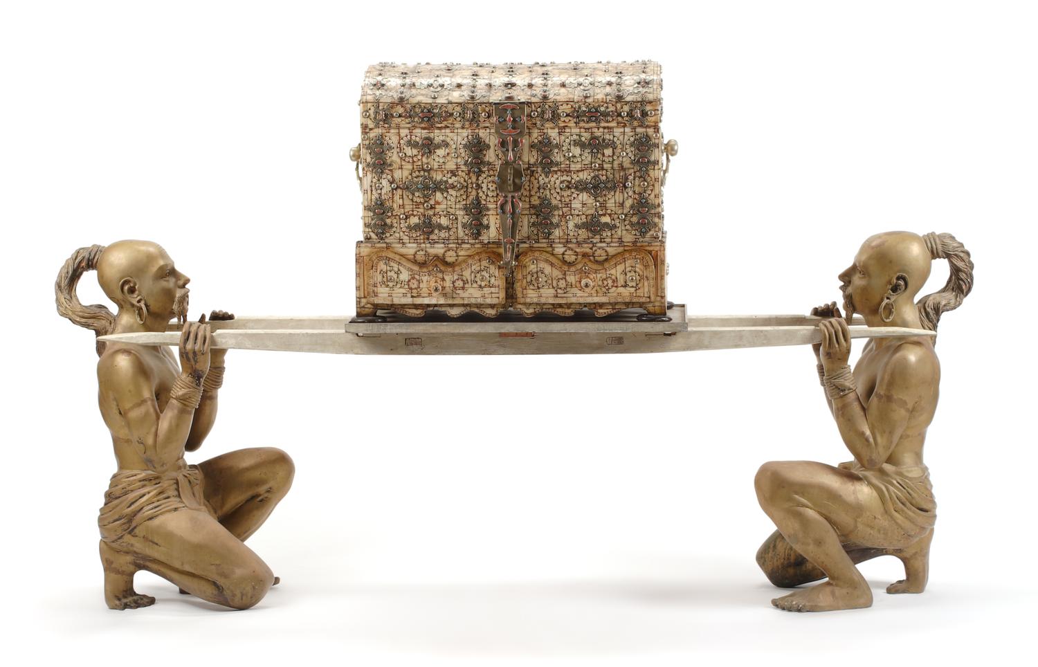 A Continental Silvered Metal, Coral and Turquoise Mounted Chest Supported by a Pair of Gilt Bronze Figures Height 52 1/2 x width 86 inc