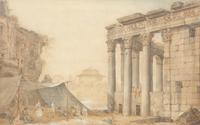 Architects Measuring the Temple of Jupiter Tonans and Revelers Near the Temple of Antonino and Faustina (two works)