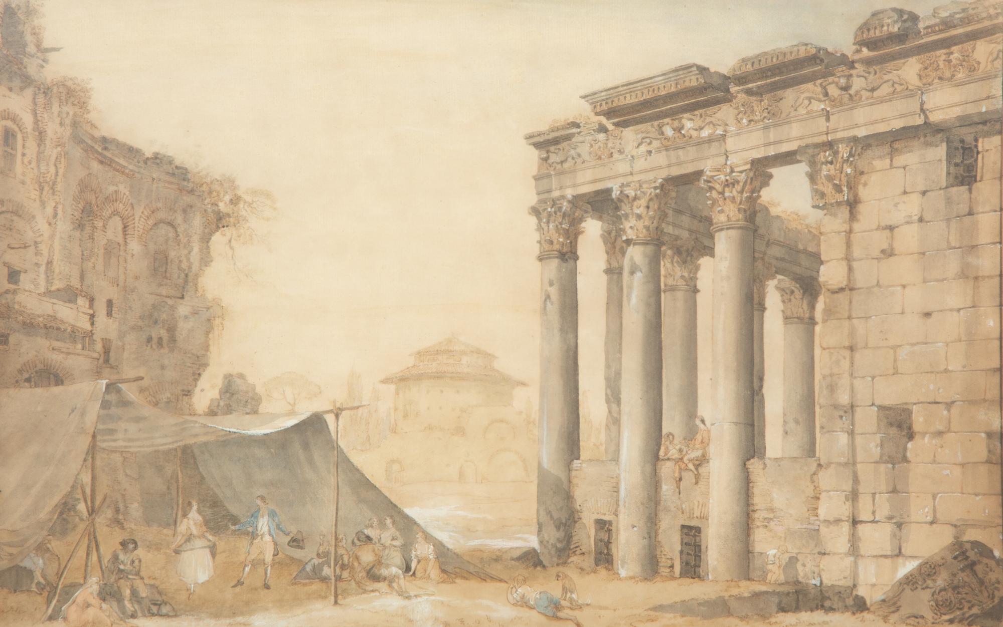 Architects Measuring the Temple of Jupiter Tonans and Revelers Near the Temple of Antonino and Faustina (two works)