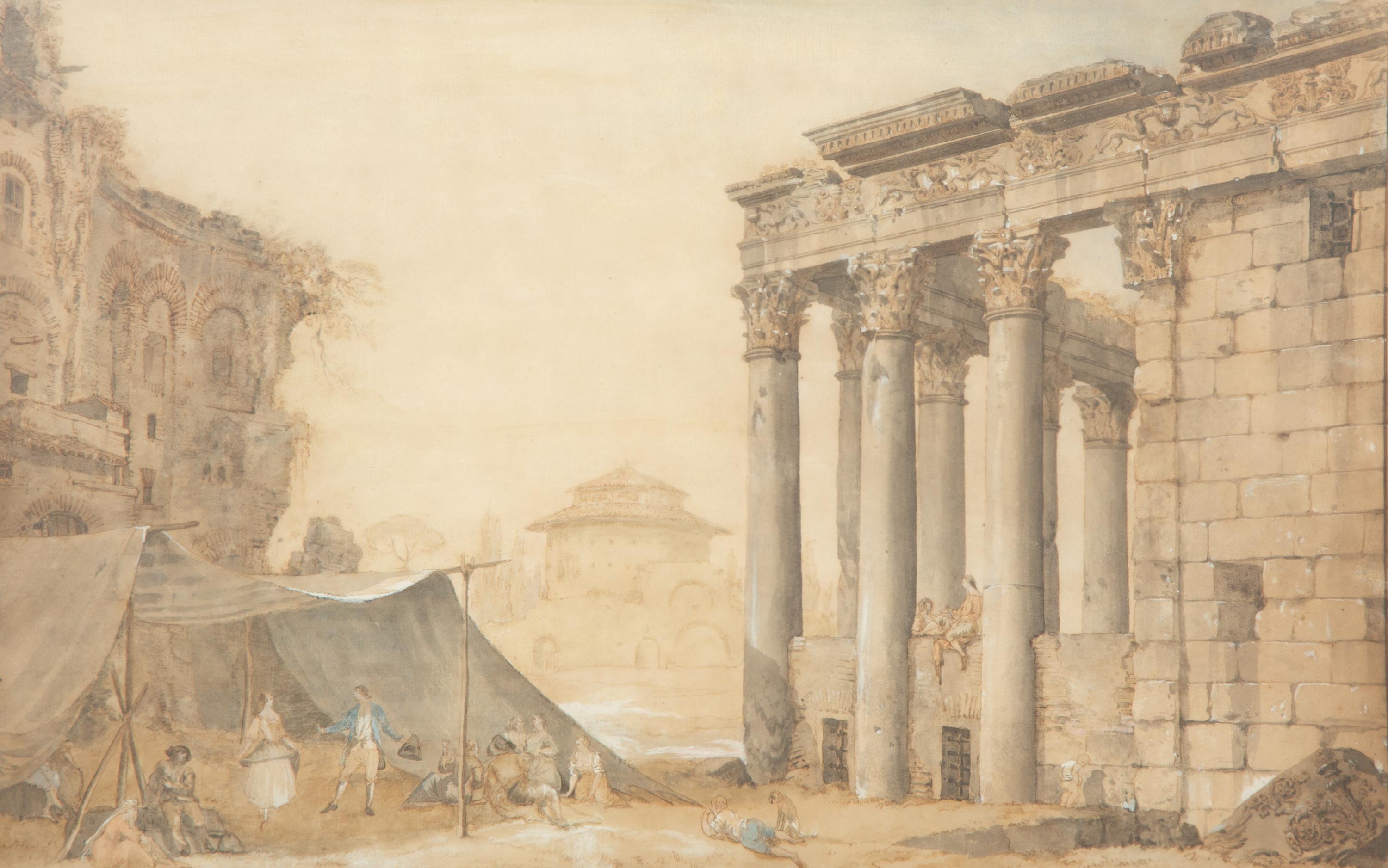 Architects Measuring the Temple of Jupiter Tonans and Revelers Near the Temple of Antonino and Faustina (two works)