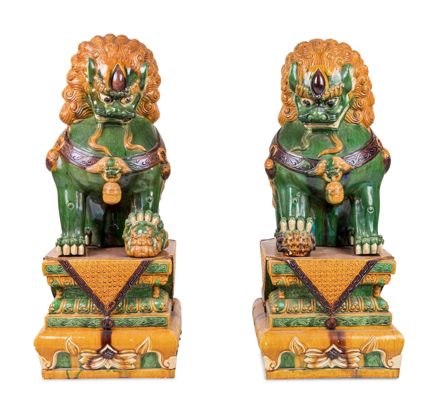 A Large Pair of Chinese Sancai Glazed Porcelain Fu Lions