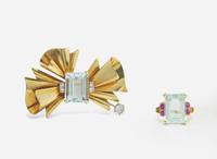 A Yellow Gold and Aquamarine Brooch and Ring