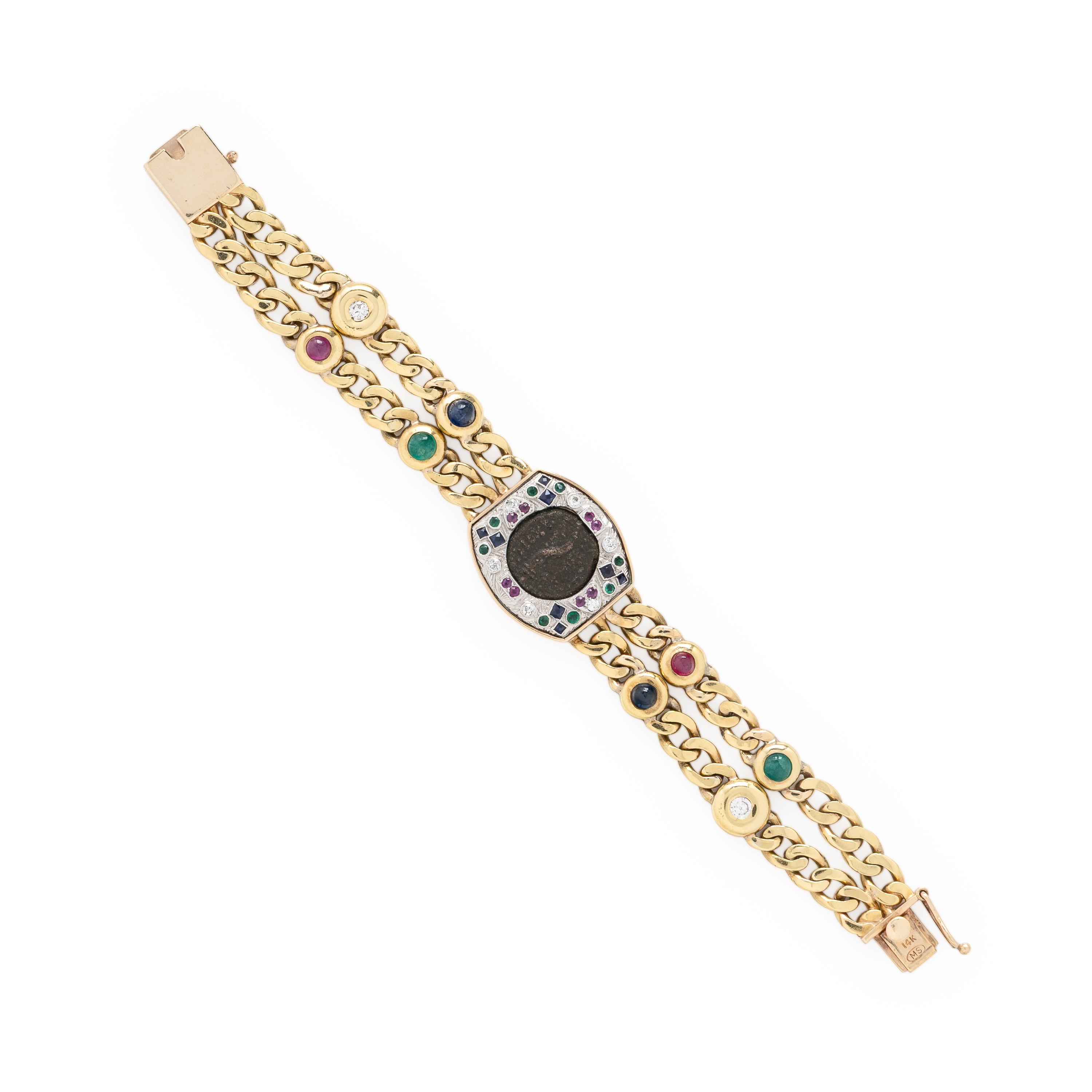 Multigem, Coin, and Yellow Gold Bracelet