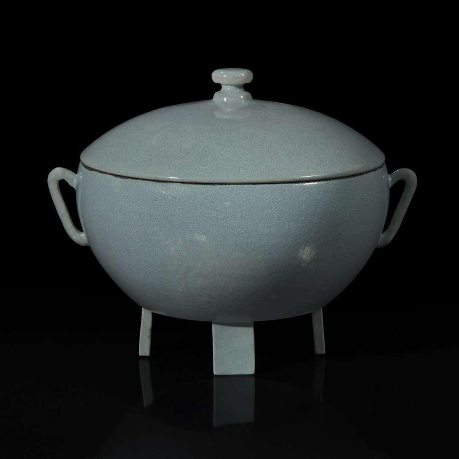 An unusual Chinese pale blue-glazed porcelain vessel with cover 淡蓝釉带盖瓷罐 Xuande mark ???