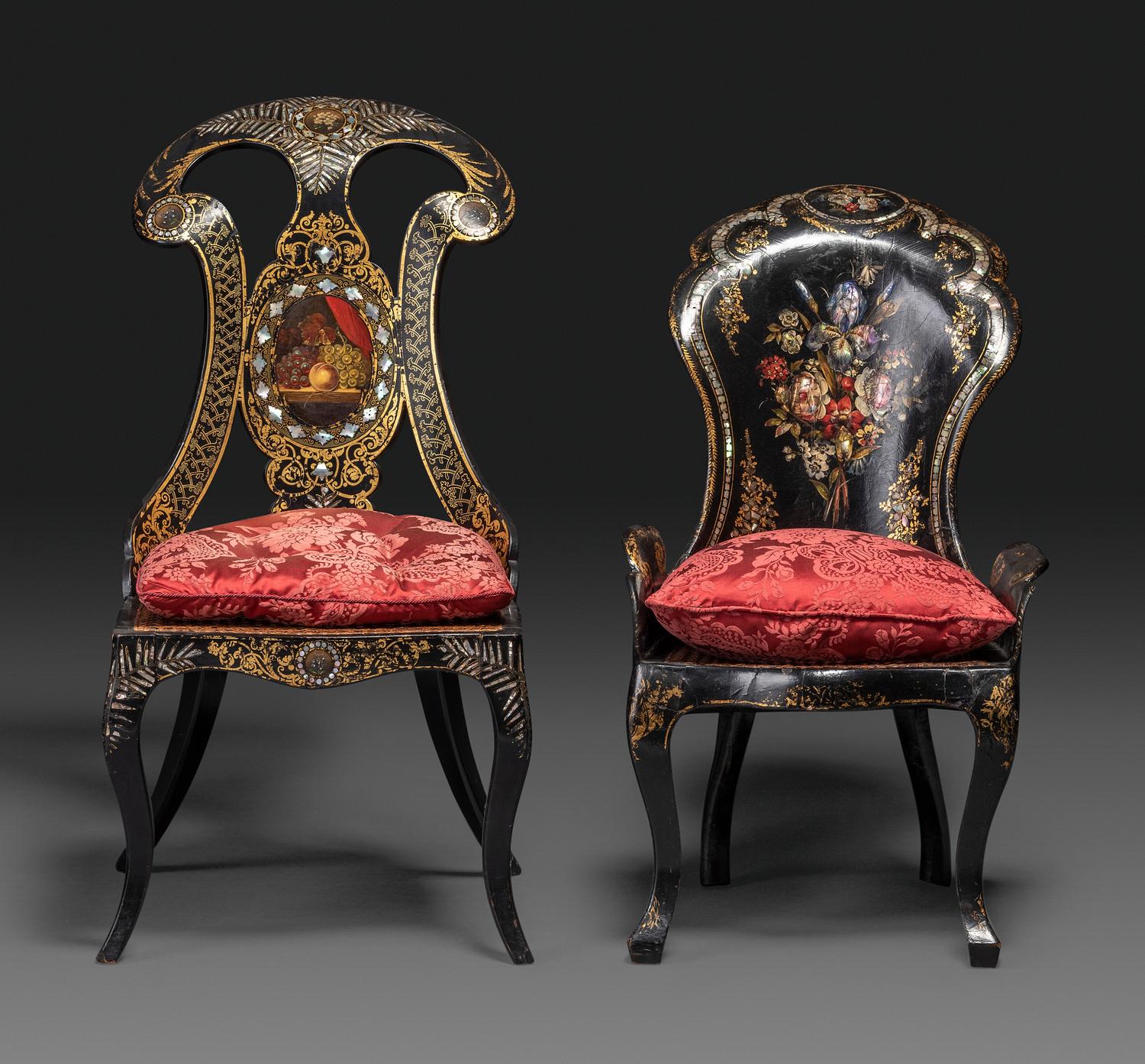 Two Victorian Black Lacquered Parcel-Gilt and Mother-of-Pearl Inlaid Cane Upholstered Slipper Chairs