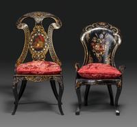 Two Victorian Black Lacquered Parcel-Gilt and Mother-of-Pearl Inlaid Cane Upholstered Slipper Chairs