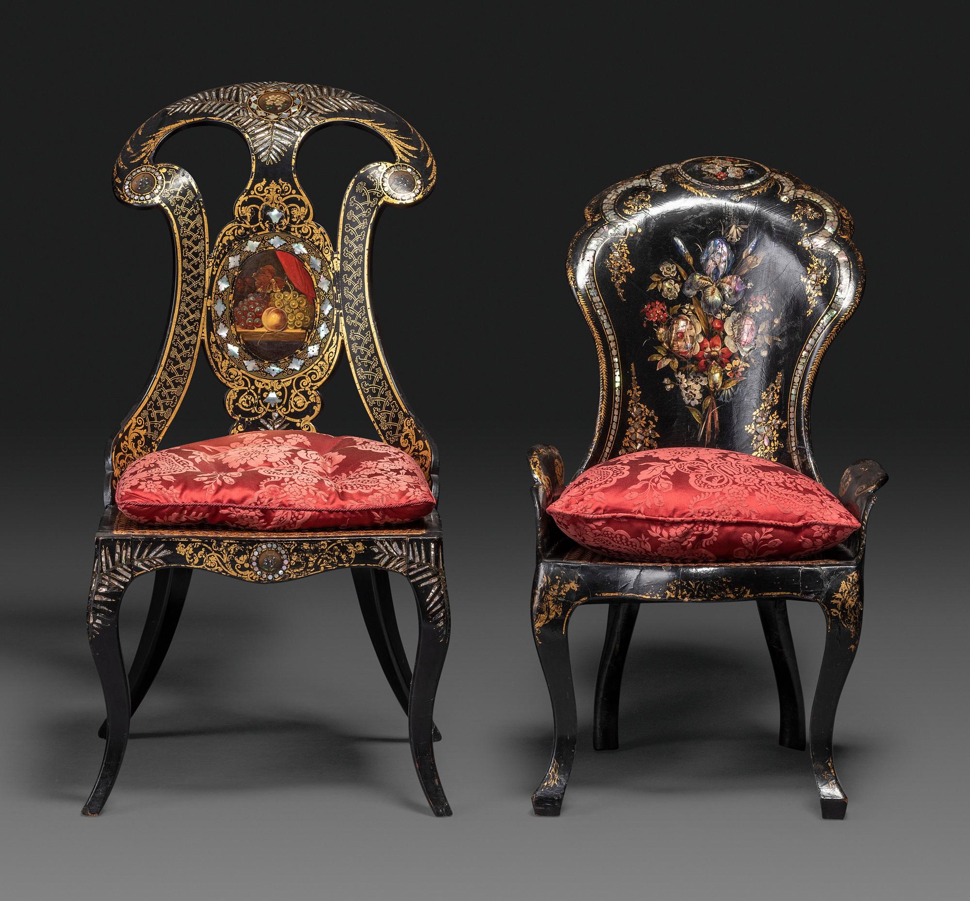 Two Victorian Black Lacquered Parcel-Gilt and Mother-of-Pearl Inlaid Cane Upholstered Slipper Chairs