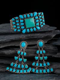 Southwestern-style Sterling Silver and Turquoise Cluster Cuff Bracelet and Earrings