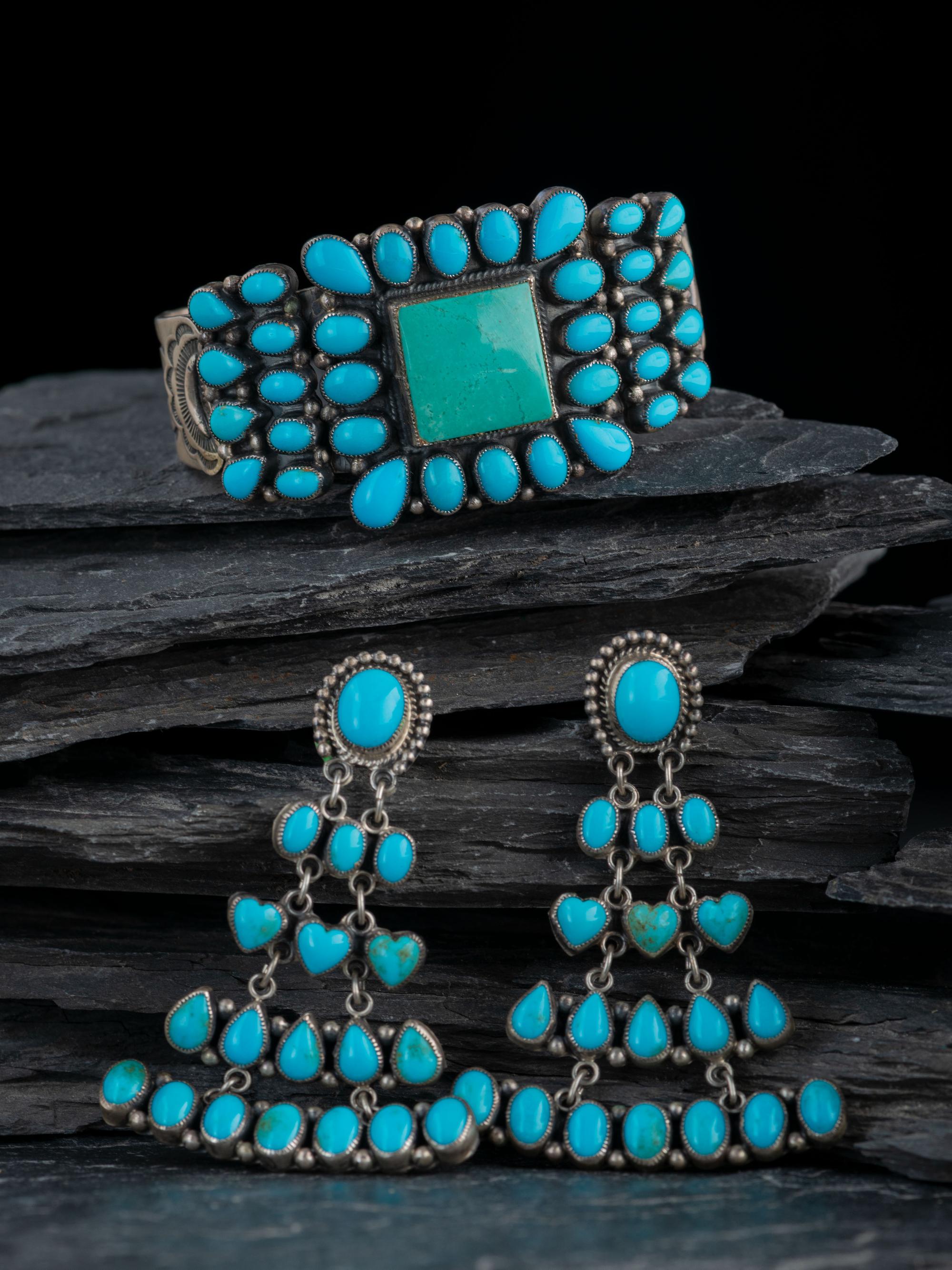 Southwestern-style Sterling Silver and Turquoise Cluster Cuff Bracelet and Earrings
