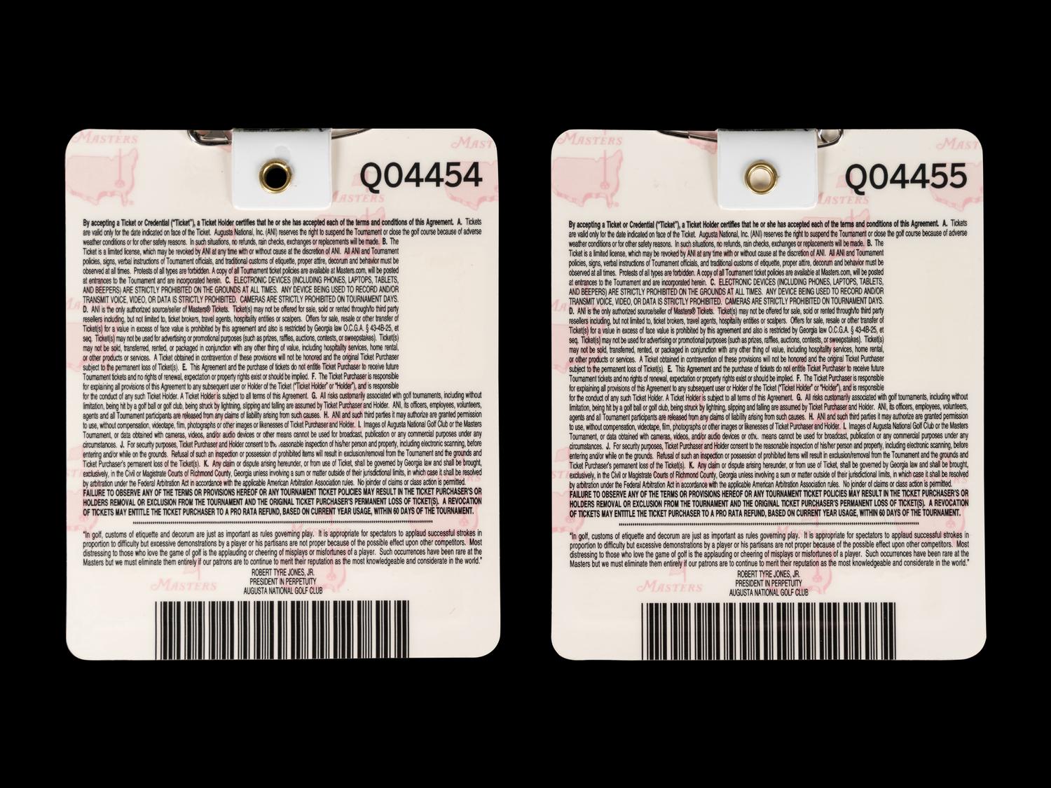 A Group of Two 2020 Masters Golf Tournament Augusta National Badges (Dustin Johnson Champion)