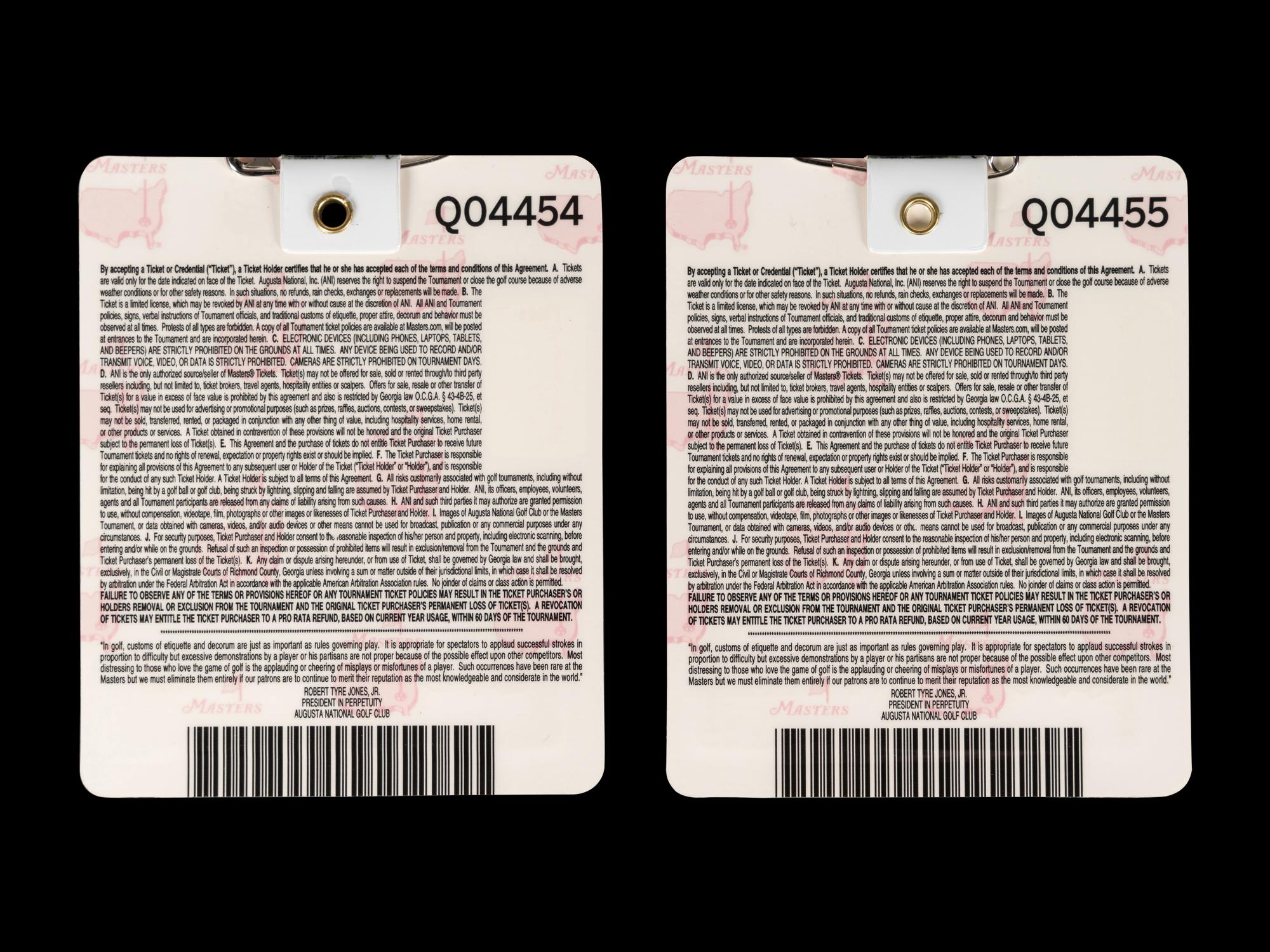 A Group of Two 2020 Masters Golf Tournament Augusta National Badges (Dustin Johnson Champion)