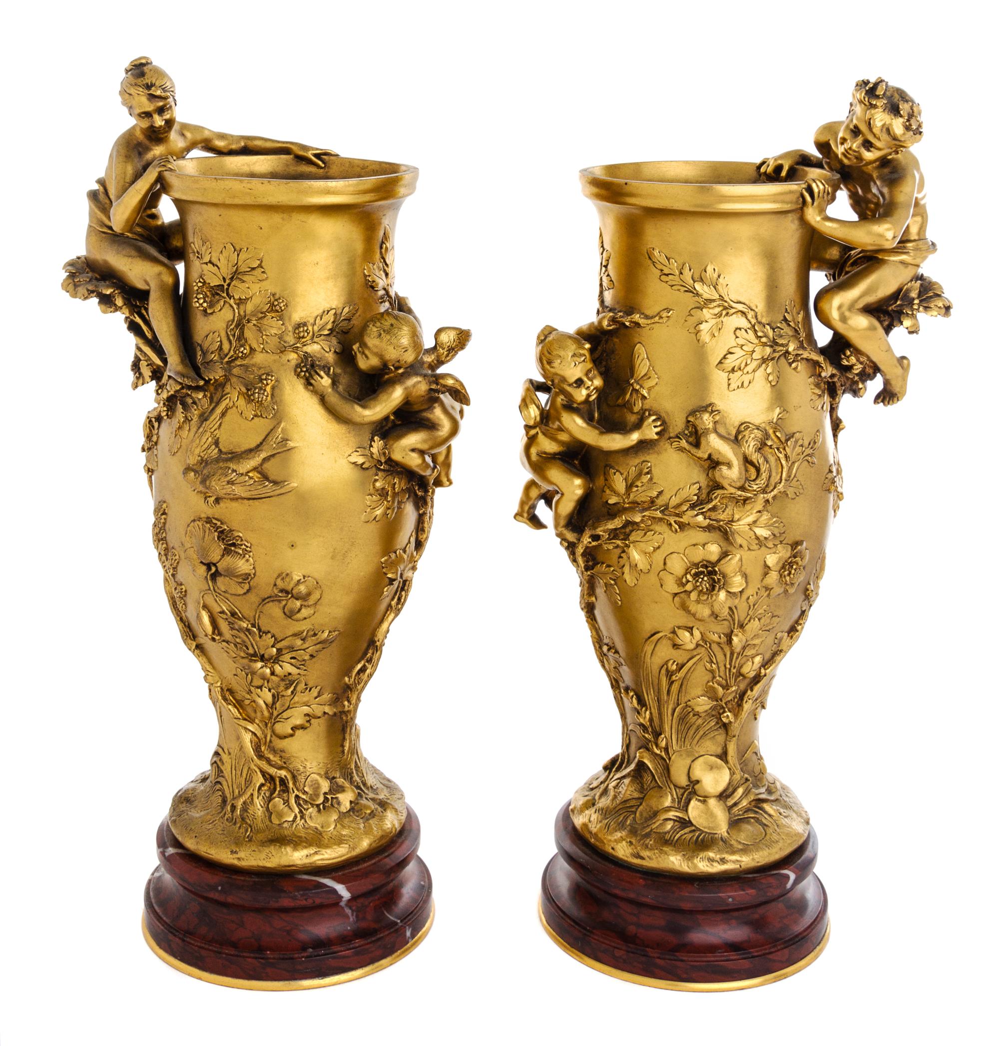 A Pair of French Gilt Bronze Vases Height 15 inches. — CAST BY BARBEDIENNE, LATE 19TH CENTURY