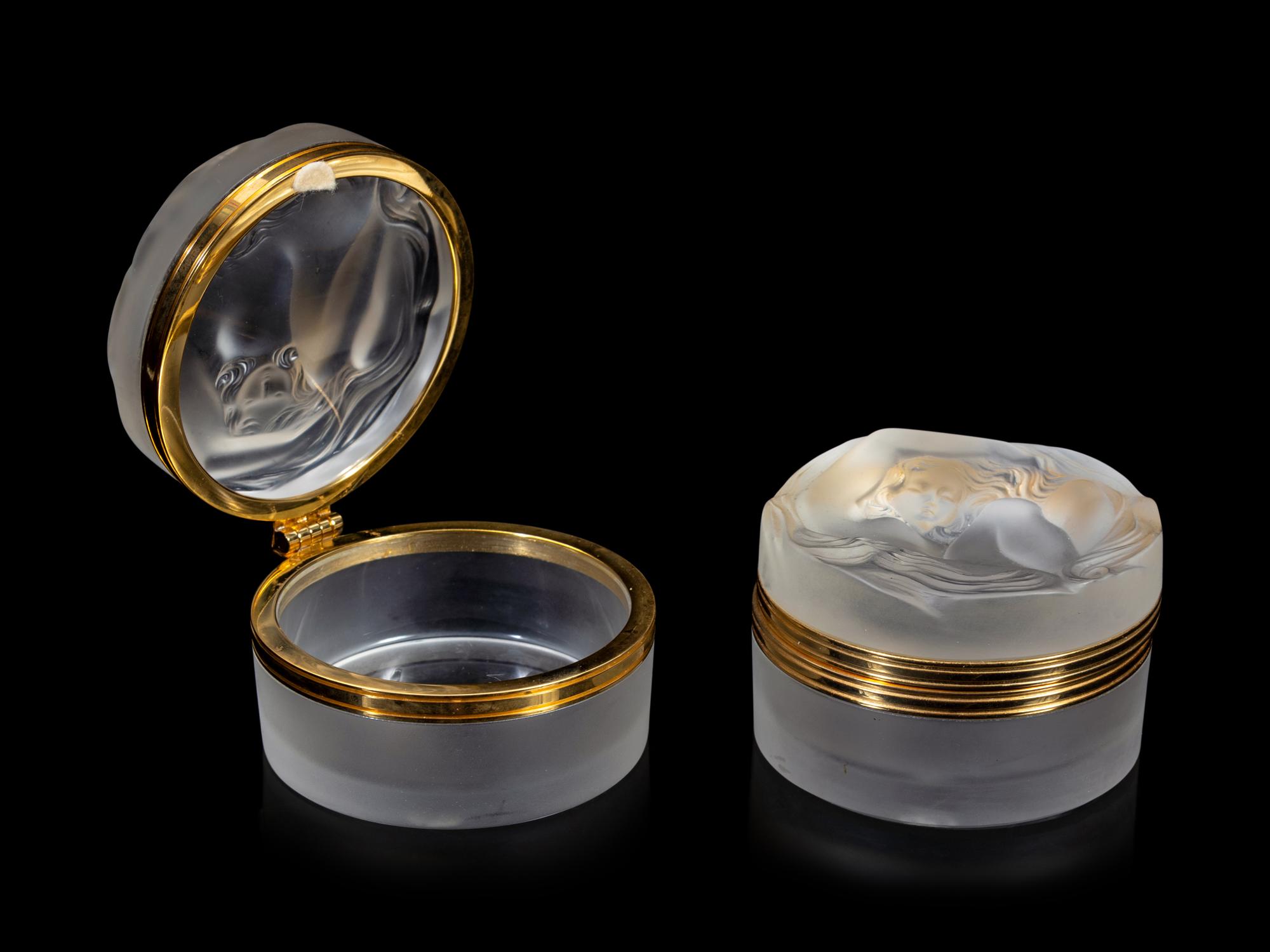 Two Lalique Boxes, a Lalique Coupe and a Lalique Clairefontaine Perfume Bottle