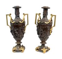 A Pair of Neoclassical Style Parcel-Gilt and Patinated Metal Two-Handled Urns