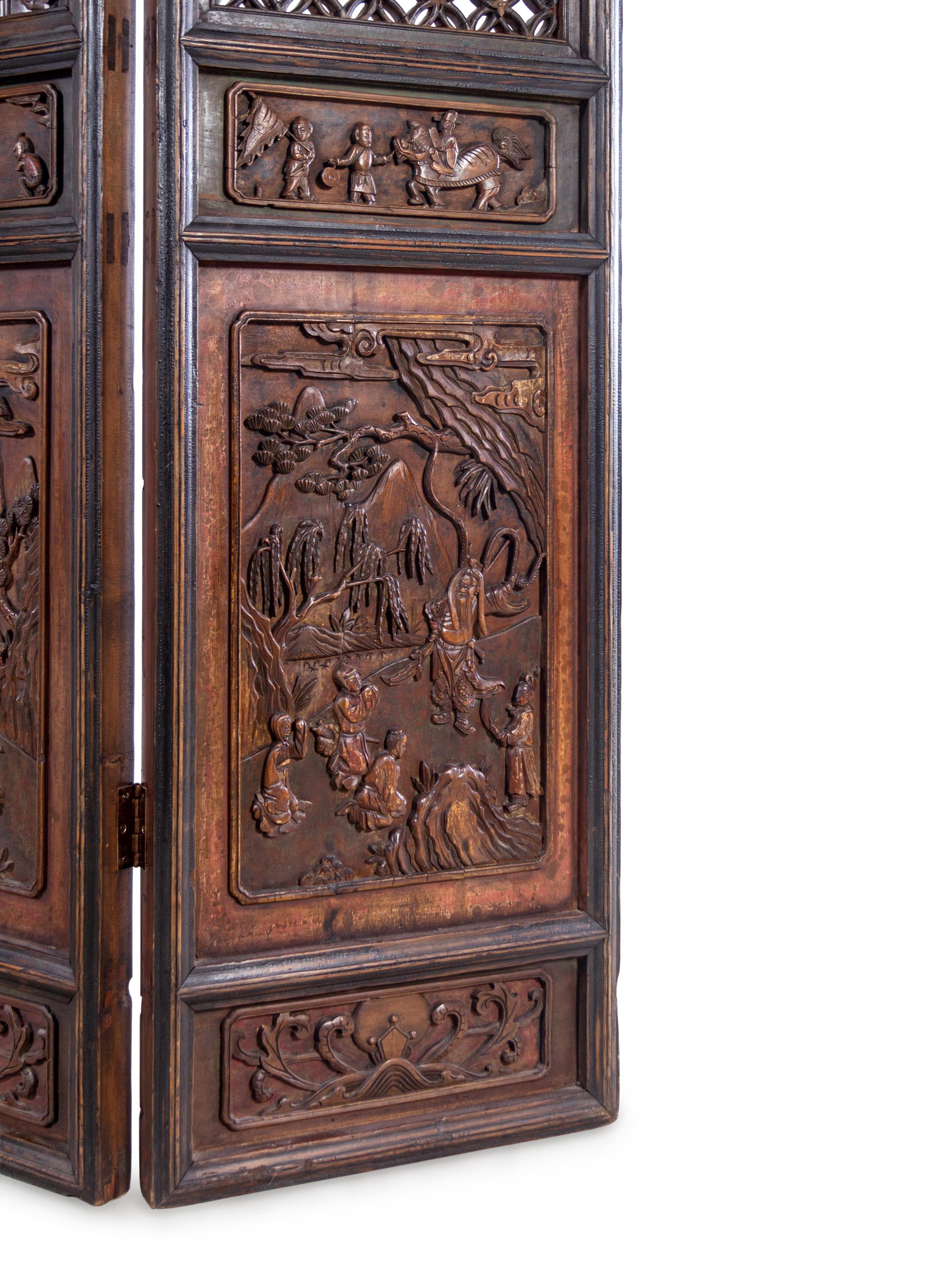 A Chinese Carved Hardwood Four-Panel Floor Screen